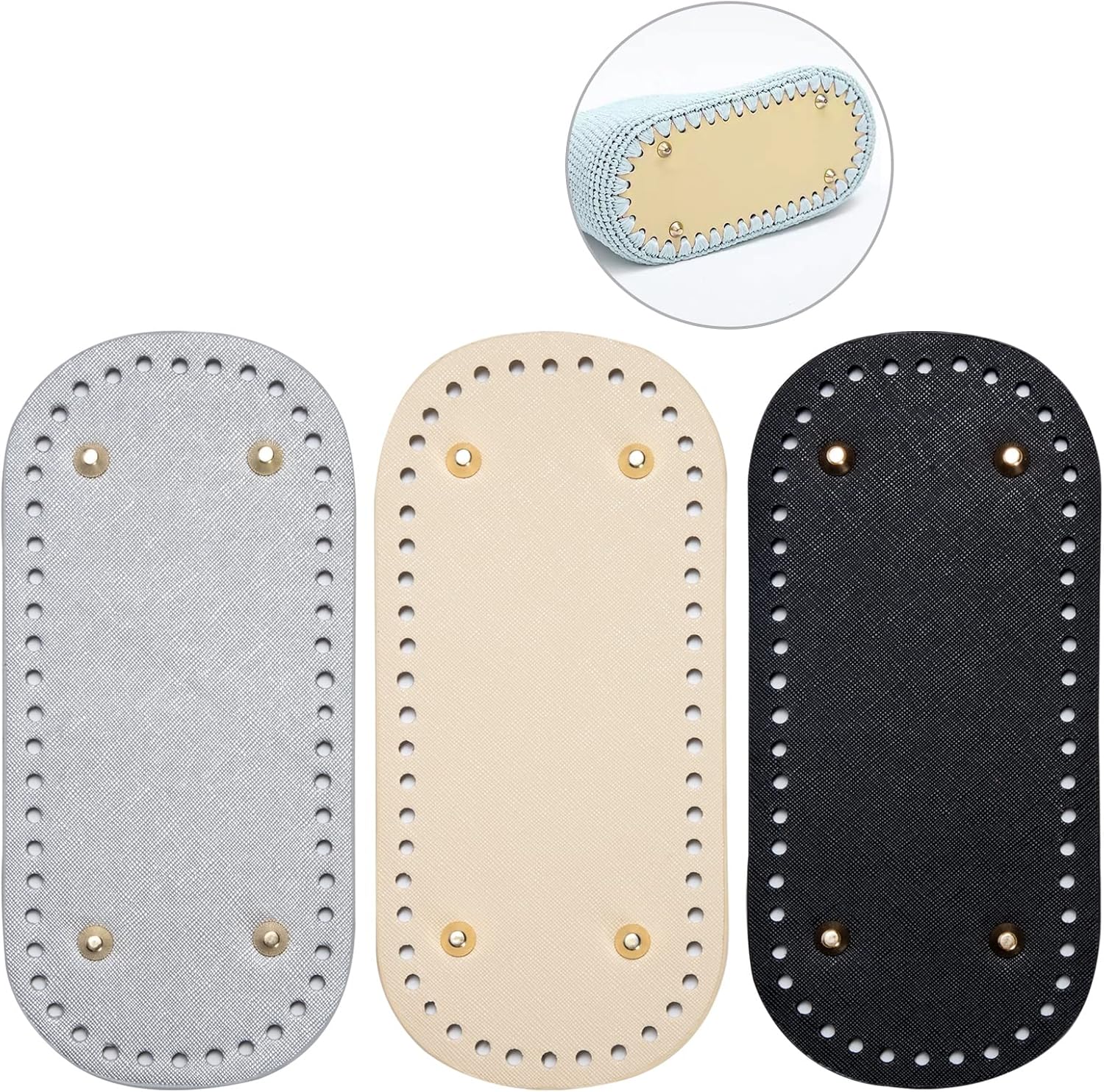 Newellsail 3 Piezas Bolso Cojín de Parte Inferior de Cuero de PU Tejido de Punto de Ganchillo Bolsa Base Oval Almohadilla Inferior de Bolso con Agujeros para Bolso Tejida a Mano DIY 22x10cm