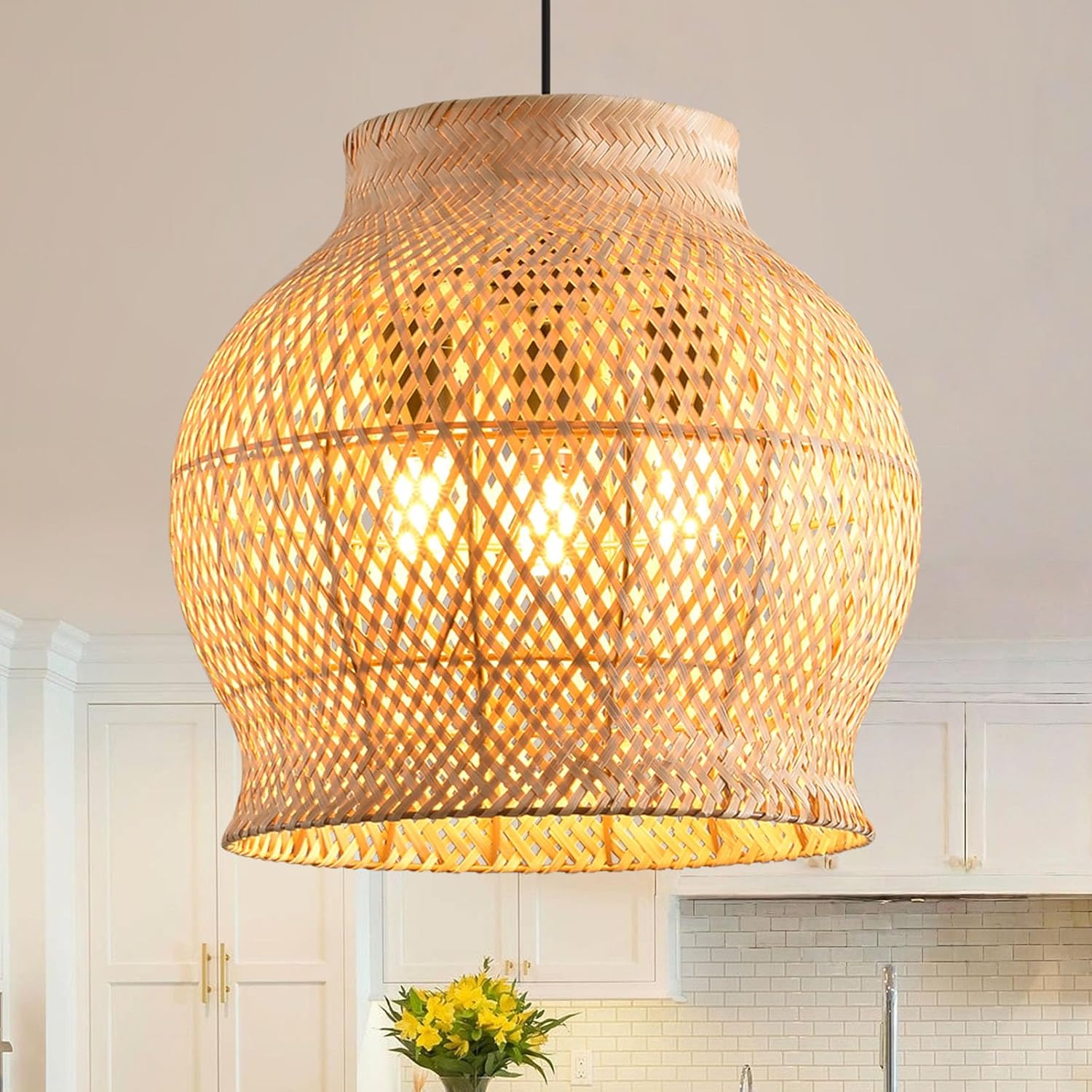 Rattan Pendant Light, Bamboo 3-Light Boho Hanging Lighting, Hand Woven Wicker Pendant Light Fixtures for Kitchen Island Dining Room Bedroom Restaurant Bamboo 3-Light 3-Light 15.75inch