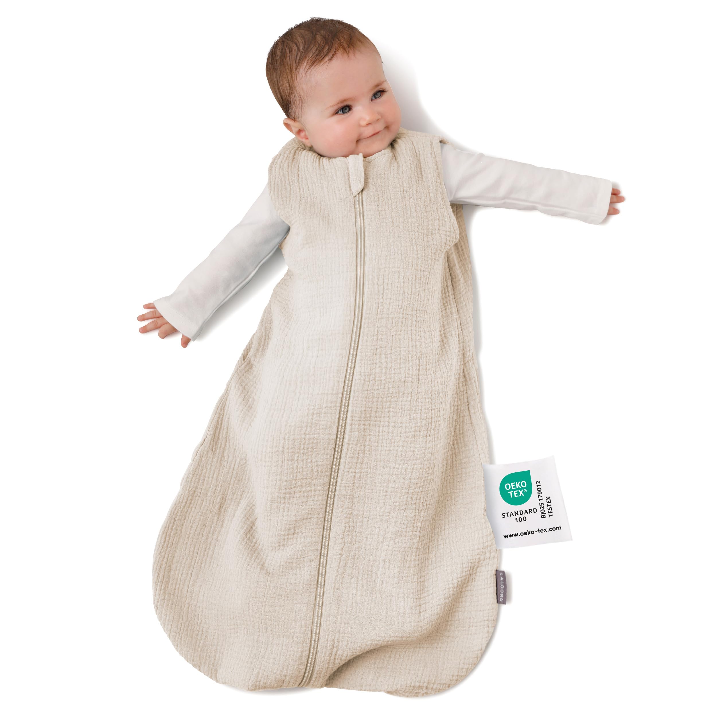 LaLoona Sommerschlafsack Mull, ärmellos - Leichter Baby Schlafsack ohne Ärmel für Sommer und Frühling, 0.5 TOG, 100% Baumwolle, ÖkoTex Standard 100 - Beige - 110 cm