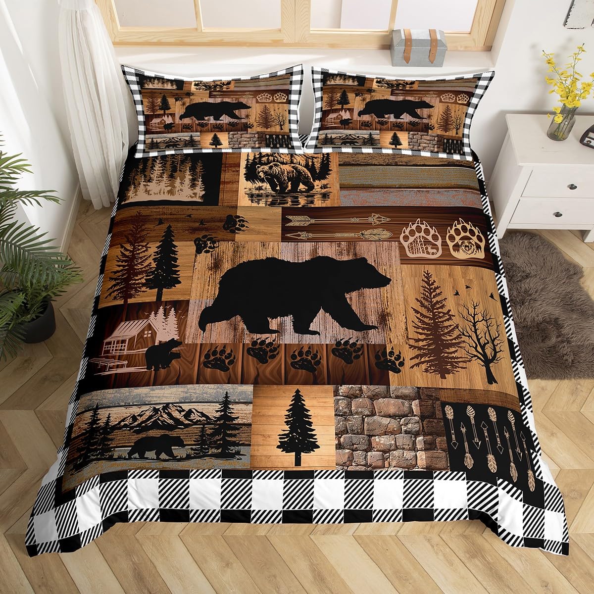 Loussiesd Bear Bedding Farmhouse Wildlife Animals Bedding Set for Kids Boys Girls Room Decor,Wildlife Bear Duvet Cover Junior/Cot Bed Size,Wooden Stone Arrow Bedspread Cover 2Pcs Zipper