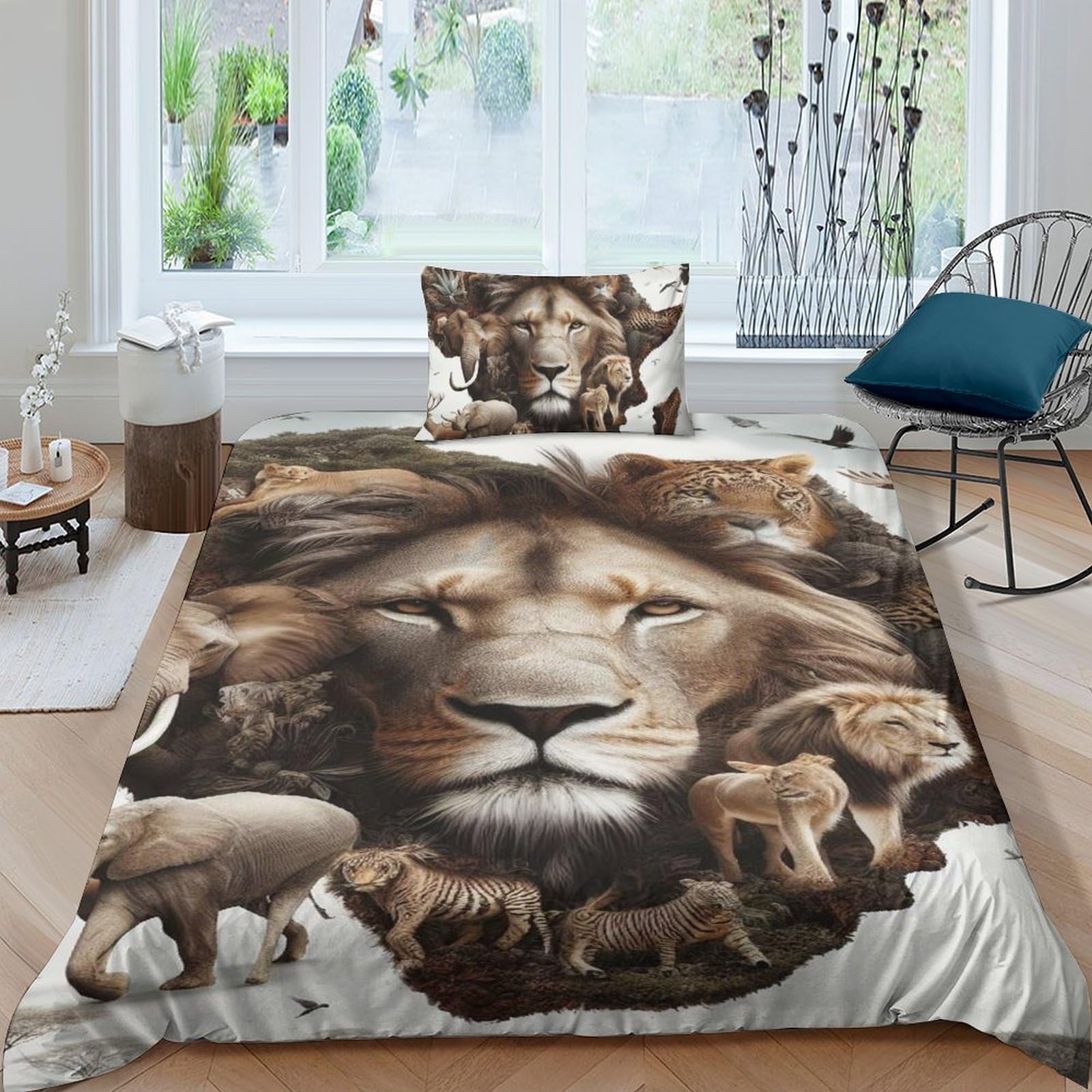 Housse de couette lion et animaux 3D en microfibre pour lit enfant et adulte