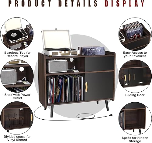 Miniatura 5 de GDLF Soporte para tocadiscos con almacenamiento de vinilo, armario de mesa para tocadiscos con toma de corriente, capacidad para hasta 350 álbumes,