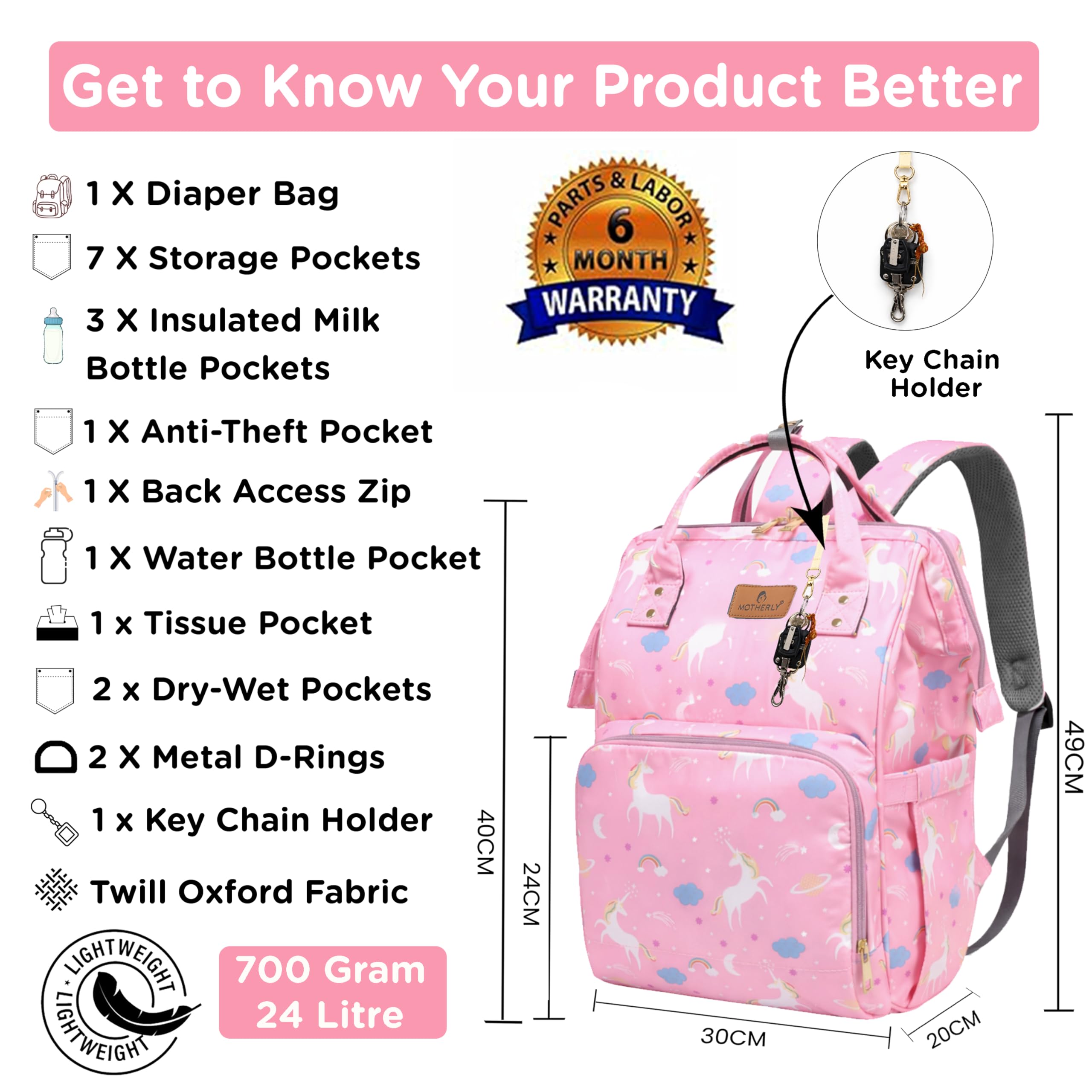 Motherly Patented Diaper Bag Backpack for Moms | Waterproof Baby Travel & Maternity Bag | Spacious Nappy Bag with Insulated Bottle Pockets & Warranty (Elegant Series, Unicorn Pink)
