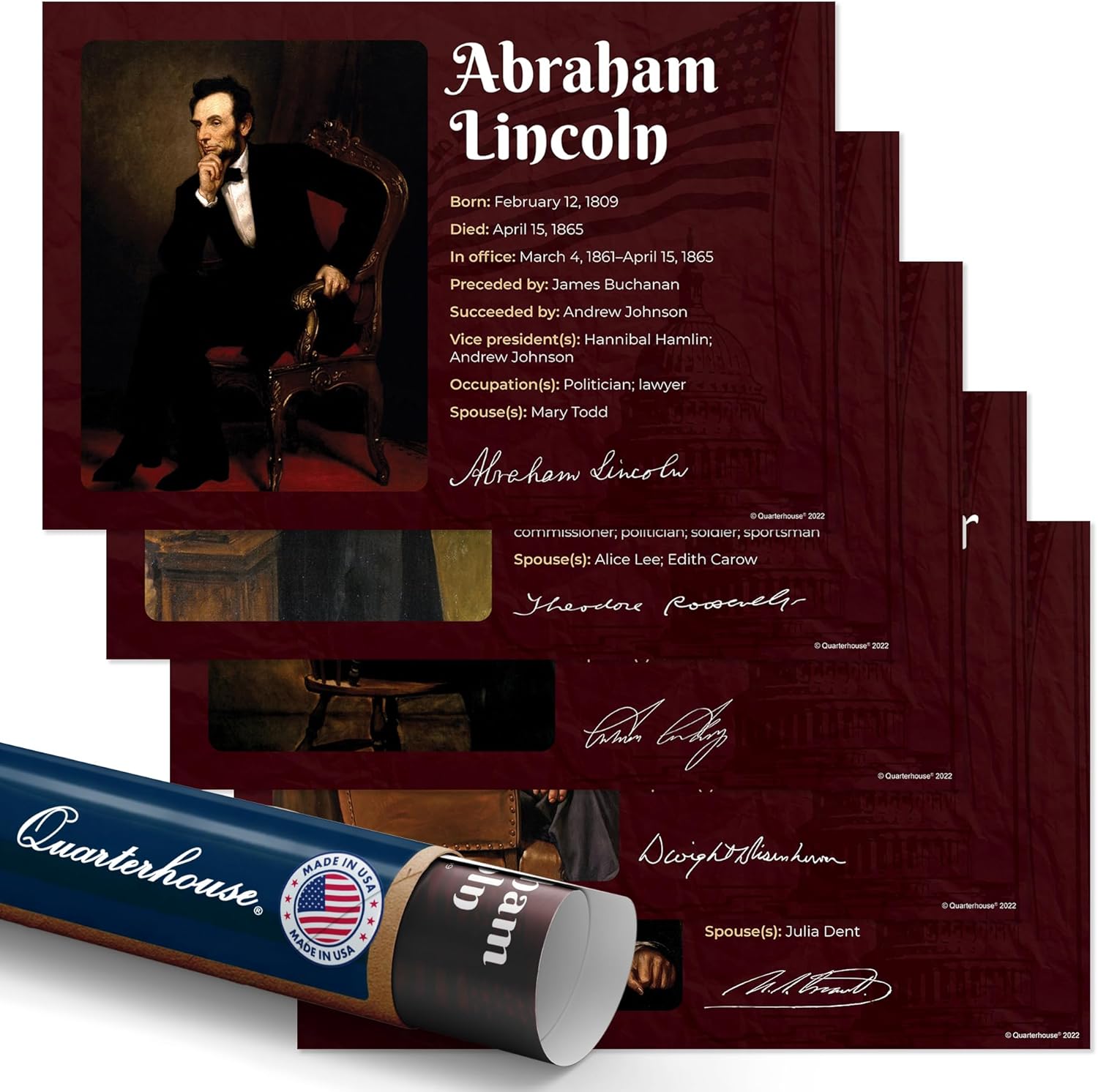 Quarterhouse 5 Poster Famous Republican Presidents Set, Social Studies Classroom Learning Materials for K-12 Students and Teachers, 12 x 18 Inches, Made in USA