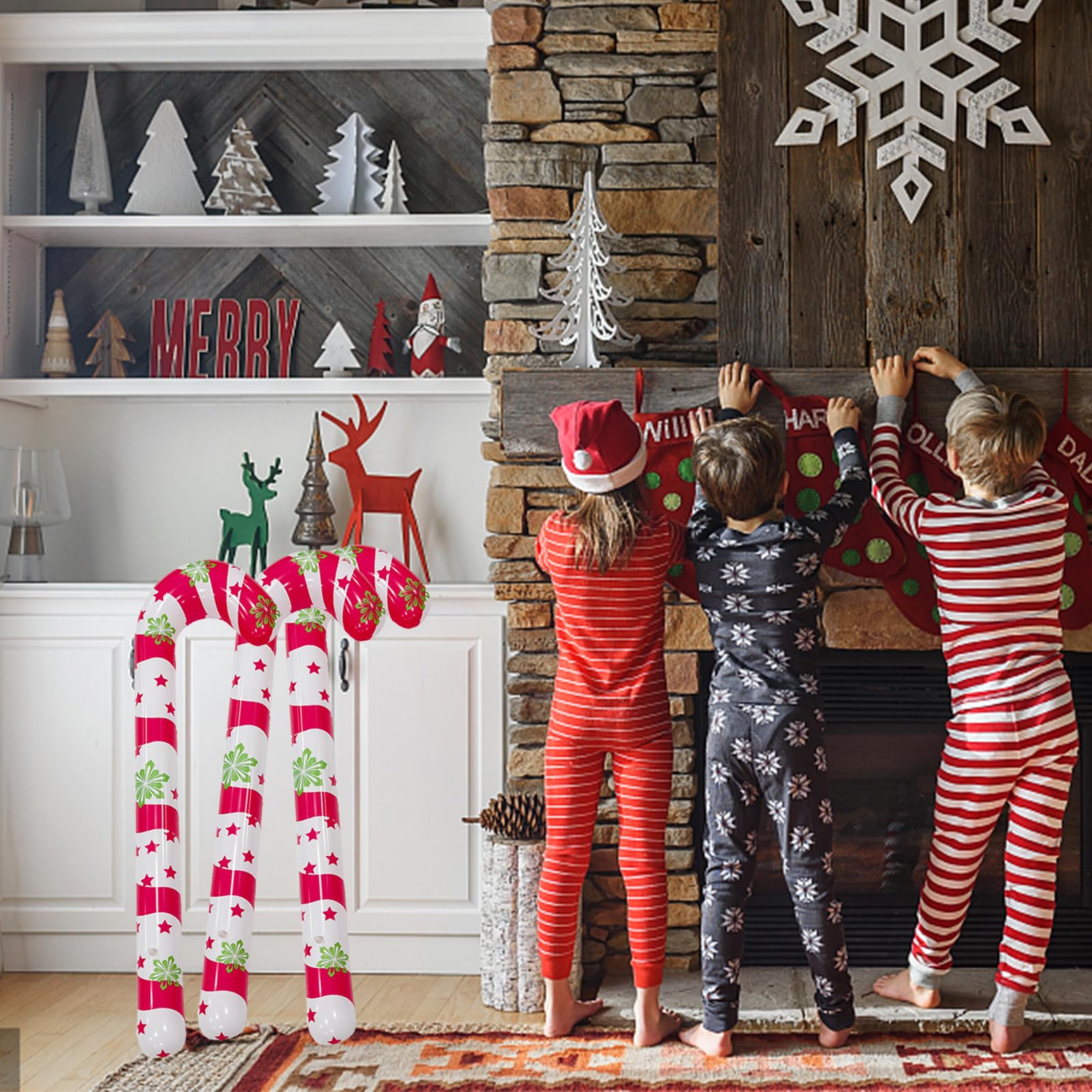 3 Piezas Bastón De Caramelo Inflable, De Bastones de Caramelo inflables, Hinchable Bastón Caramelos -Rojo Blanco Bastón Caramelo con Patrón Copo, Decoracion Navidad Decoracion Al Aire Libre Decoración