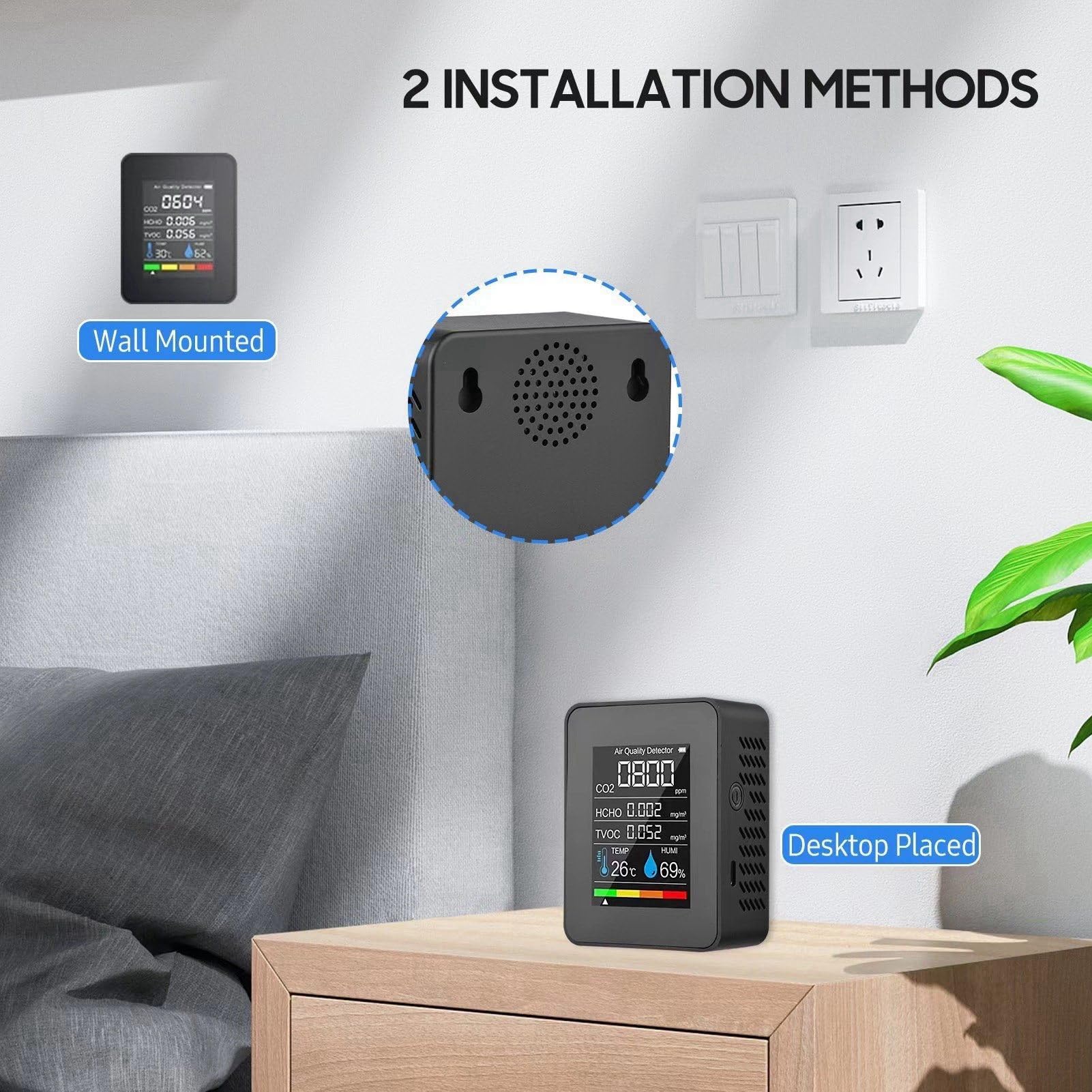 Rilevatore di CO2 Rilevatore di CO2 ABS, Rilevatore di Biossido di Carbonio CO2 Nero LCD TVOC HCHO Temperatura Umidità Misuratore di qualità Dell'aria Termometro Igrometro per la