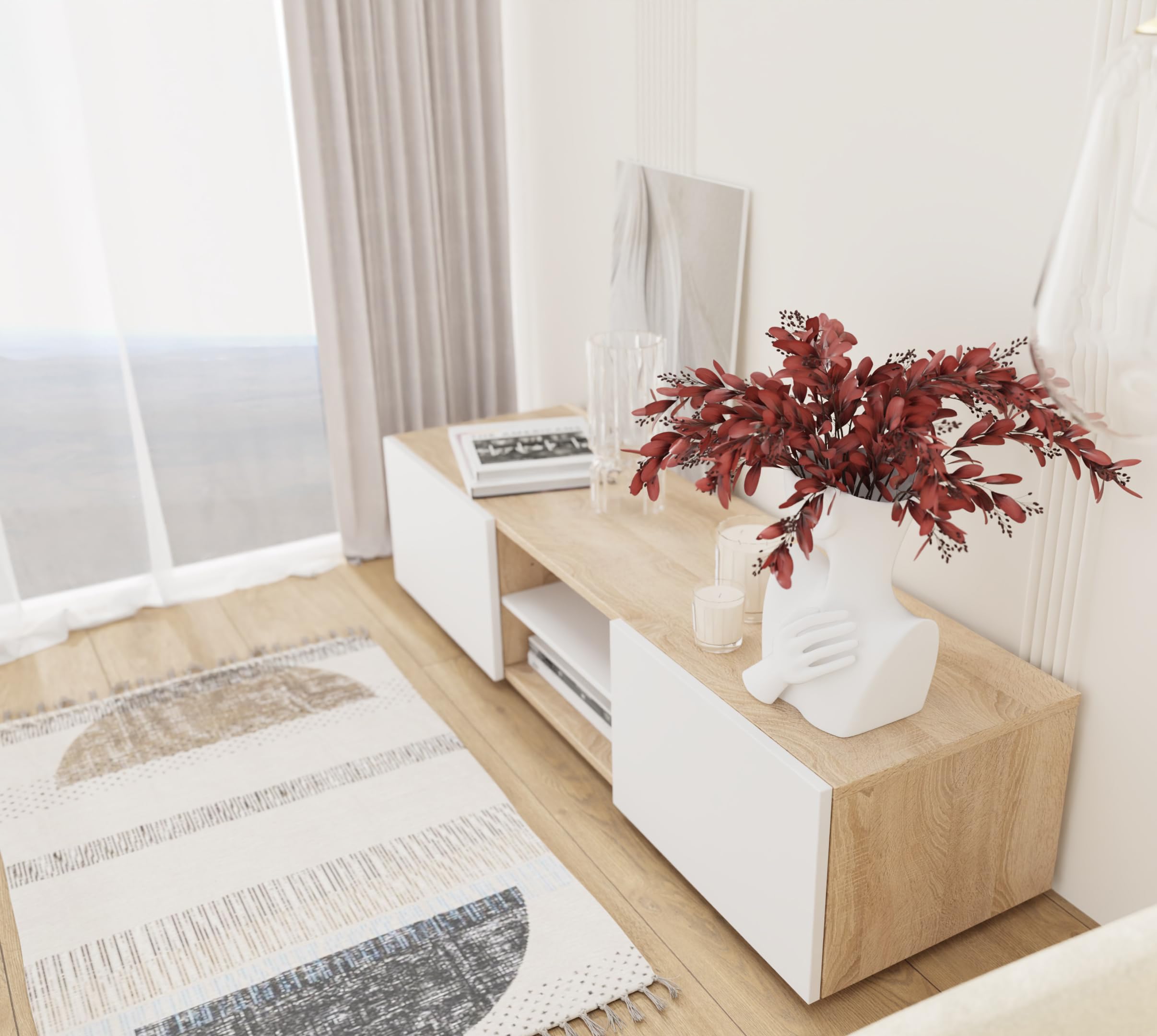 PLATAN ROOM TV Lowboard/Sideboard 140 cm breit Hängeschrank Fernsehschrank TV Kommode mit 2 Türen und offenem Fach in 5 Farbvarianten (Sonoma Eiche/Weiß Matt, 140 cm breit)