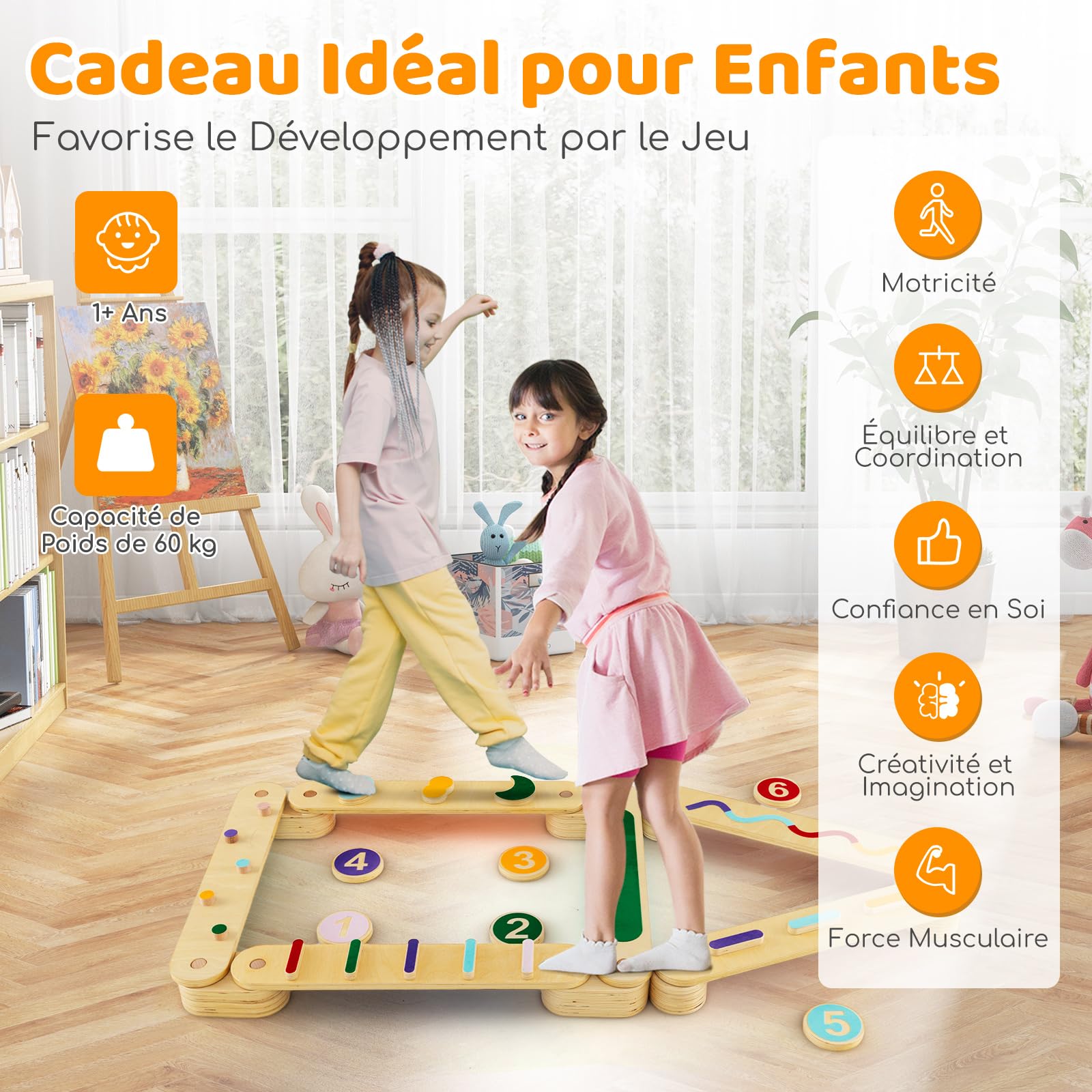 COSTWAY Poutre d'équilibre en Bois Enfant avec Pierres d'obstacle Colorées, Jouets Montessori d'entraînement d'équilibre avec Design Double Face, Charge 60kg pour Tout-petits de 1 An+