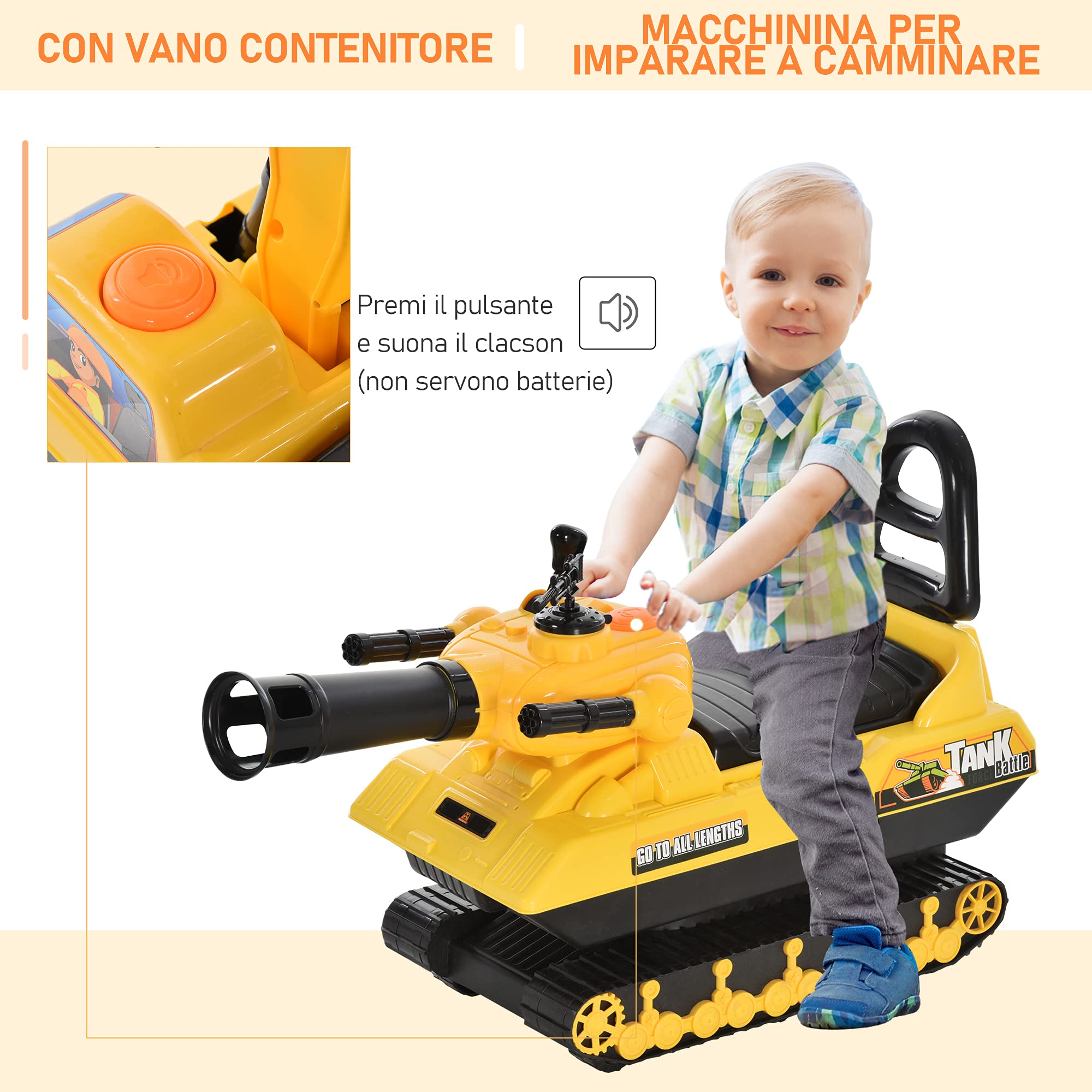 HOMCOM Macchina Cavalcabile per Bambini con Cannone Spara Palline e Vano Contenitore, Carro Armato per Bambini 3+Anni, 68x24x41.5cm, Giallo