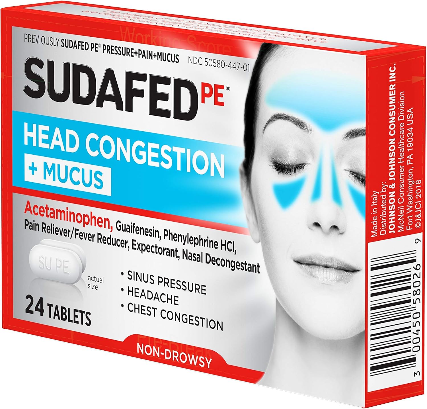 Sudafed PE Head Congestion + Mucus Relief Tablets for Sinus Pressure, Congestion, & Headache, Non-Drowsy Decongestant with Acetaminophen, Guaifenesin & Phenylephrine HCI, 24 ct
