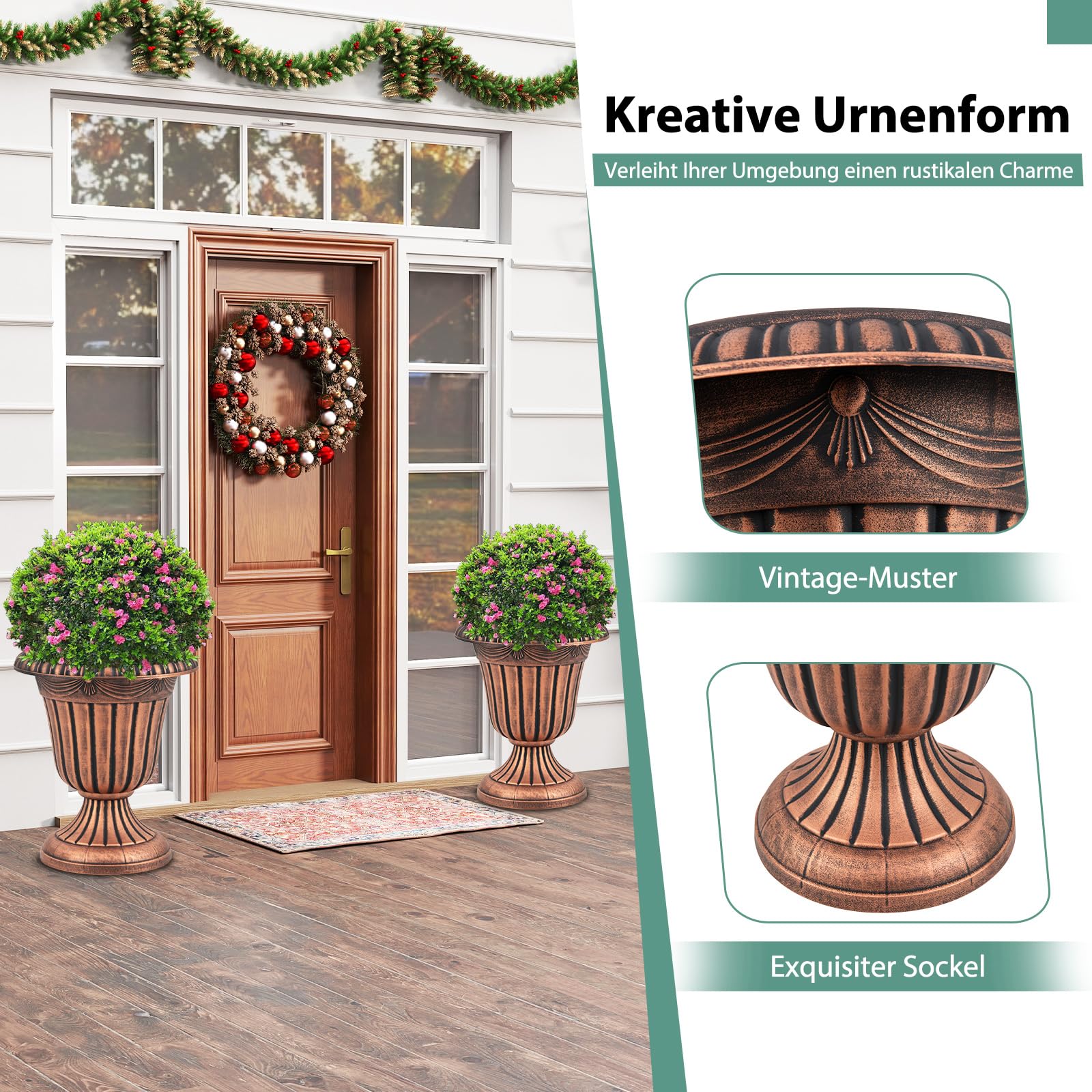 COSTWAY 2 er Pflanzkübel, 46,5 cm hoch, Pflanzgefäße mit Sockelbasis & Abflussloch, dekorative Blumentöpfe, PP Kunststoff, wetterfest, Übertopf für Garten Terrasse Hinterhof Balkon (Bronze)