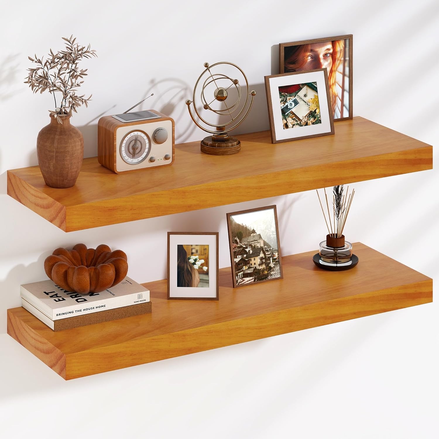 Fun Memories Floating Shelves, 9.3'' Deep Solid Pine Wood Wall Shelves for Storage, Wall Mounted Display Shelf with Invisible Heavy-Duty Metal Bracket, 36'' Width Set of 2, Honey Oak Honey Oak - Warm Amber Tone 36''W x 9.3''D, 2-Pack