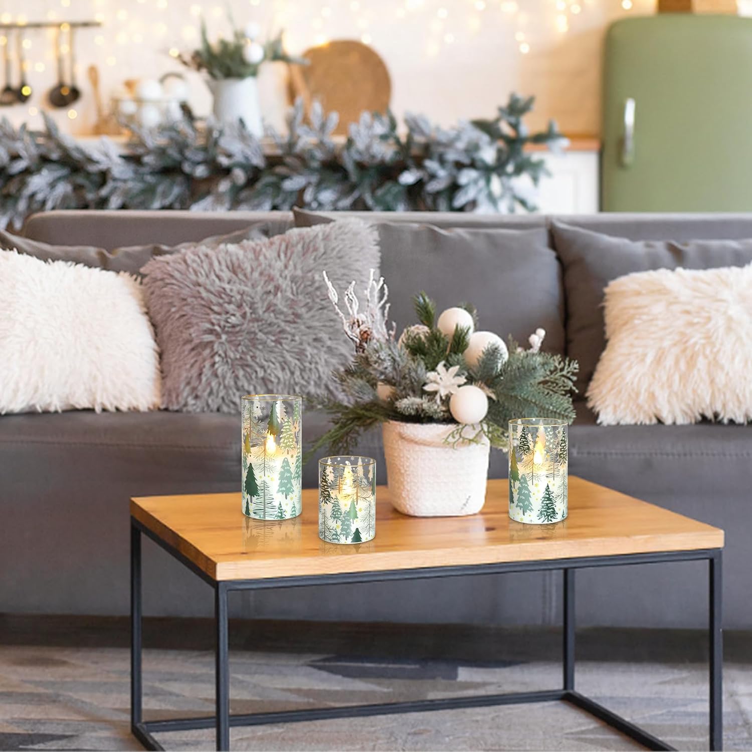 MELTONE Christmas Flameless Candles with Remote & Timer, Winter Forest Pine Snowflakes Design Holiday LED Candles for Home Party Xmas Decorations, 3 Sizes