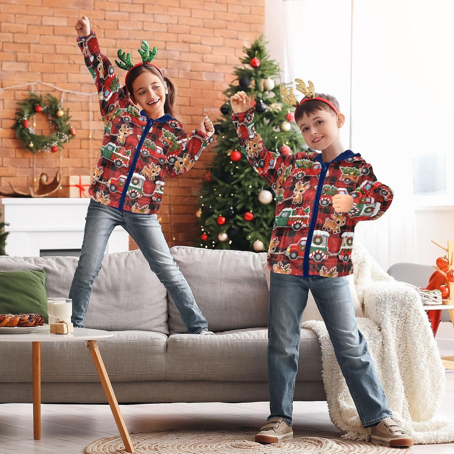GuoChe Christmas Reindeer Truck Plaid Toddler Fleece Jacket Outerwear Jackets