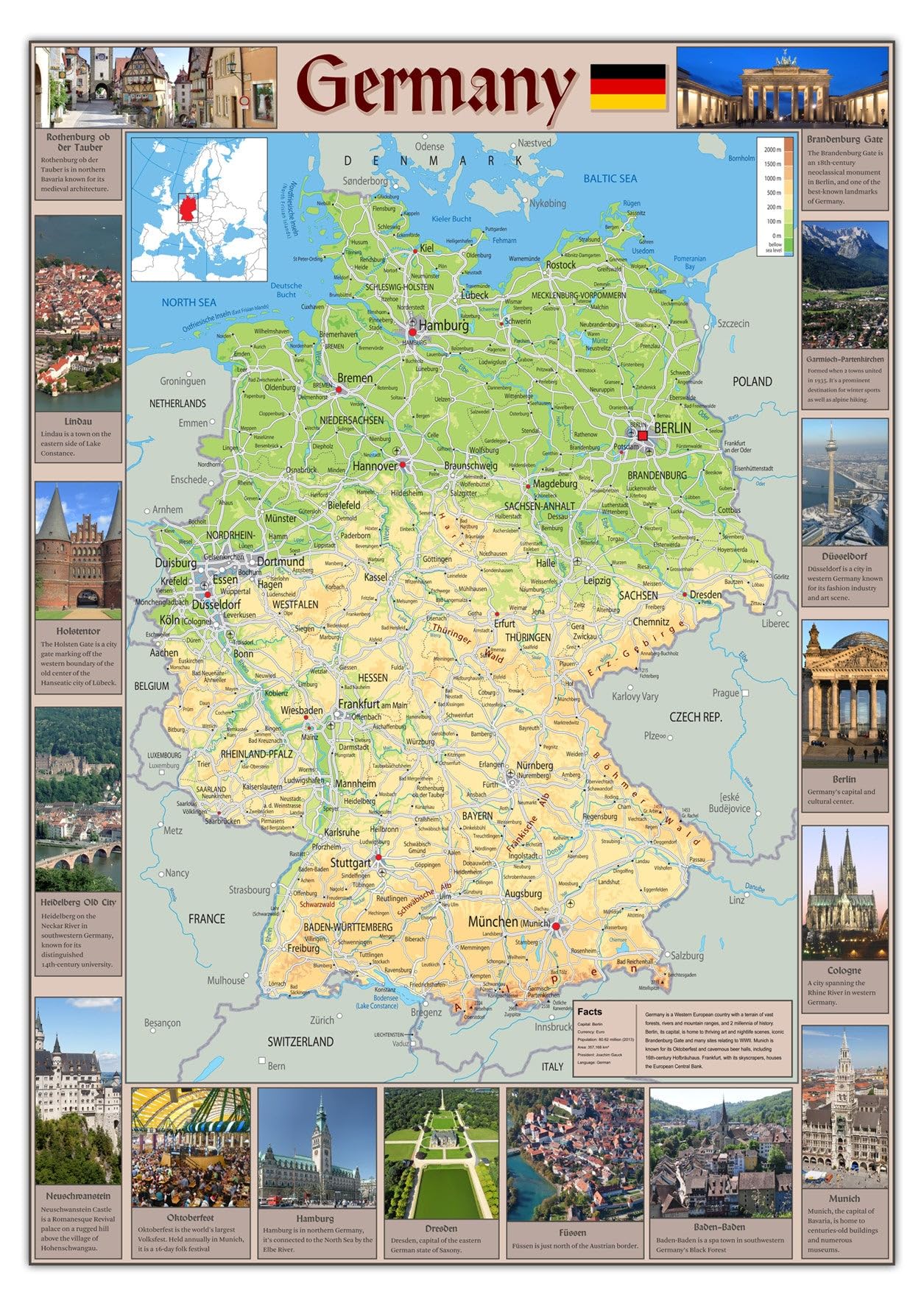 Pictorial Poster Map of Germany - 23.4 x 16.5 inches - Paper Laminated