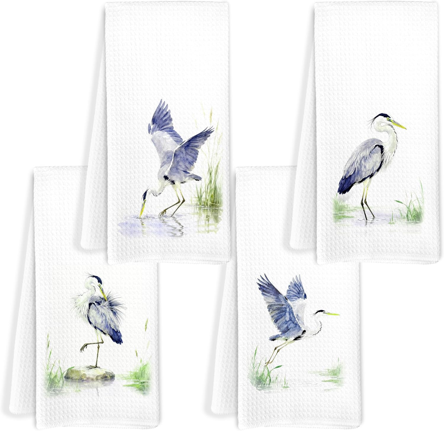 Great Blue Heron Coastal Kitchen Towels Set of 4, Farmhouse Crane Bird Decorative Hand Tea Towels for Bathroom, Rustic Watercolor Sea Bird Dish Towel Dishcloth, 16x24 Inch