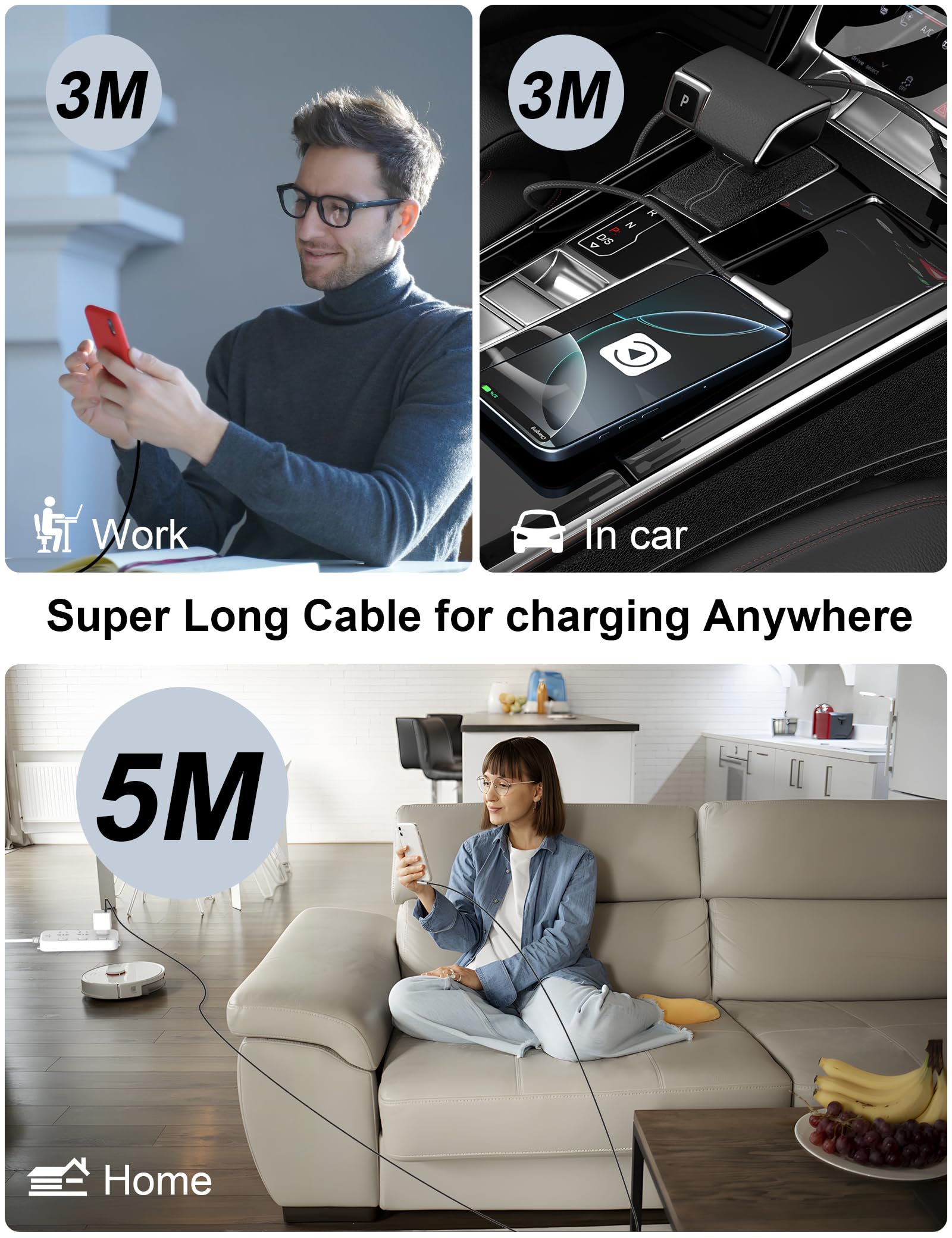 Cable USB C de 16 pies de carga rápida de 240 W, cable USB C a USB C extralargo de 16 pies tipo C, cable de datos trenzado para iPhone 17, 16, Pro Max, 15, iPad, MacBook Pro, Air, Galaxy S25, S24