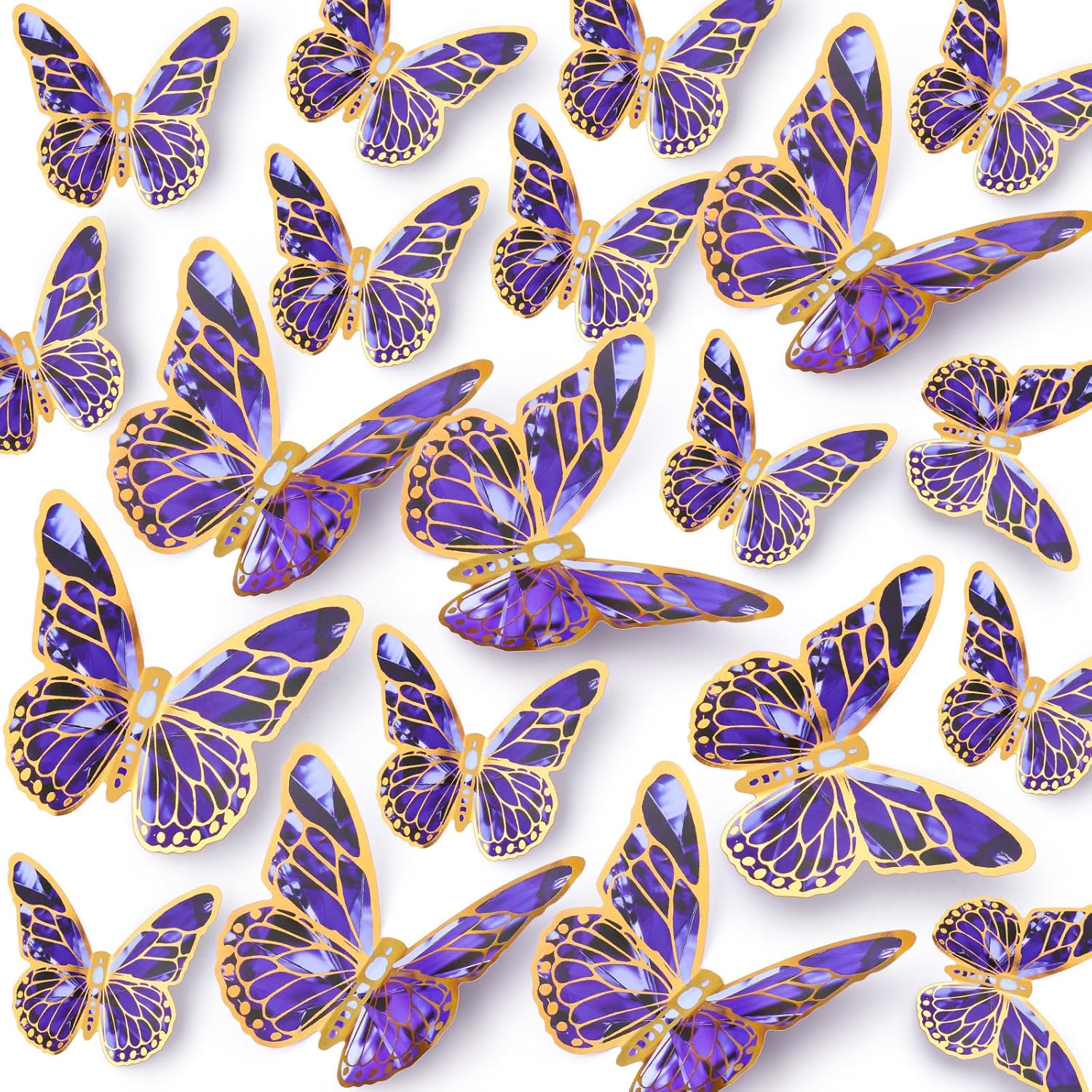 36pcs Removable DIY 3D Colorful Butterfly Wall Decor Gold Side Butterflies Wall Decals Flower Butterfly Wall Sticker Home Art for Classroom Bedroom Living Room Nursery Decoration (Purple)