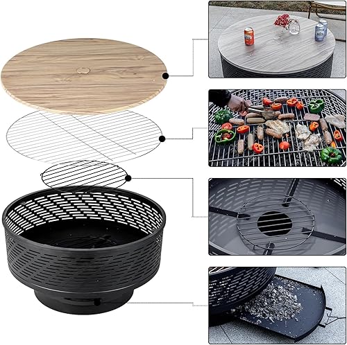 Miniatura 4 de Fogatas de leña de 32 pulgadas con parrilla y tapa, mesa para fogata para exteriores con cubierta impermeable y póquer para fuego, hoguera al aire
