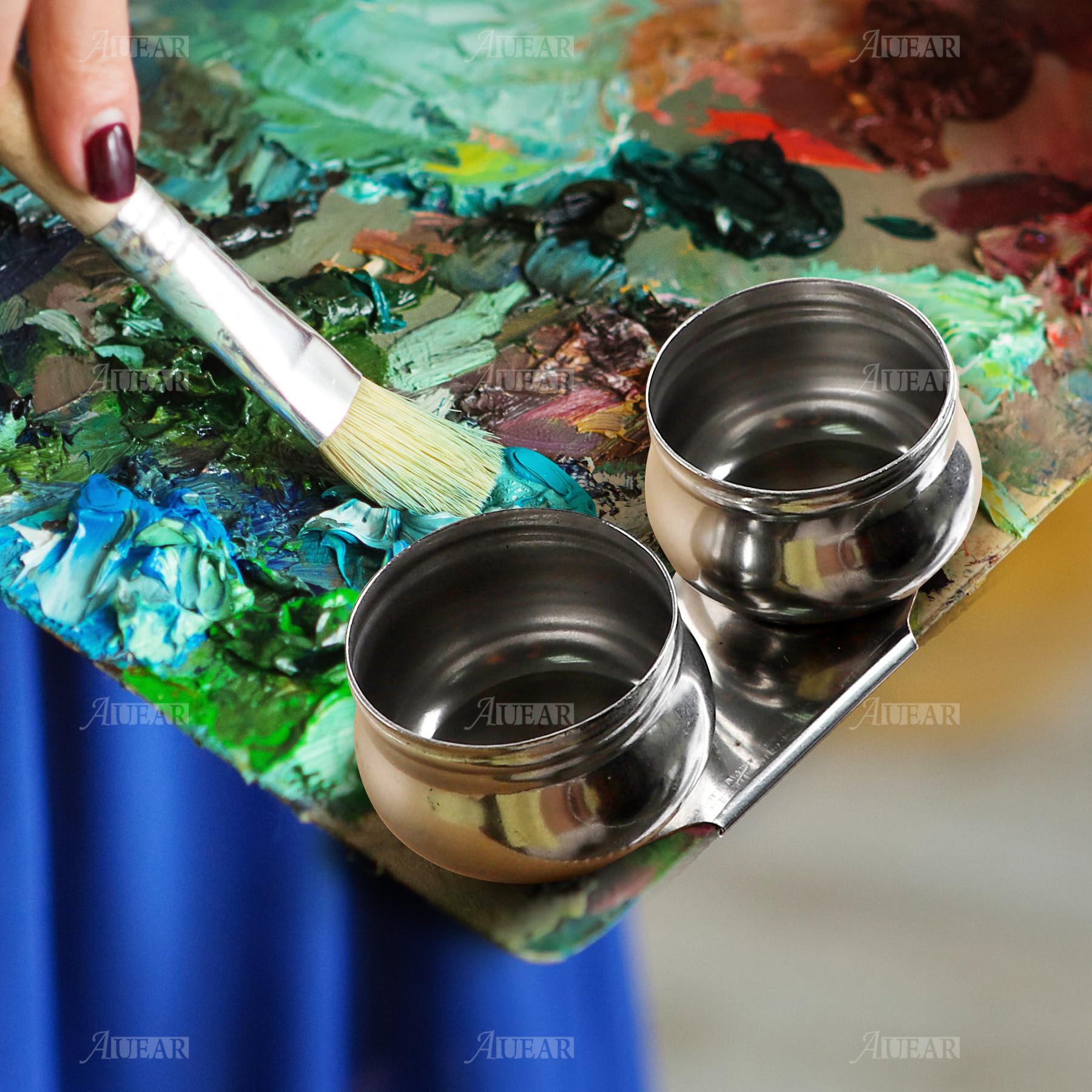 AUEAR, 2 Pack Stainless Steel Oil Painting Double Palette Cup with Screw Lid Dipper Clip for Watercolor Gouache - Image 4