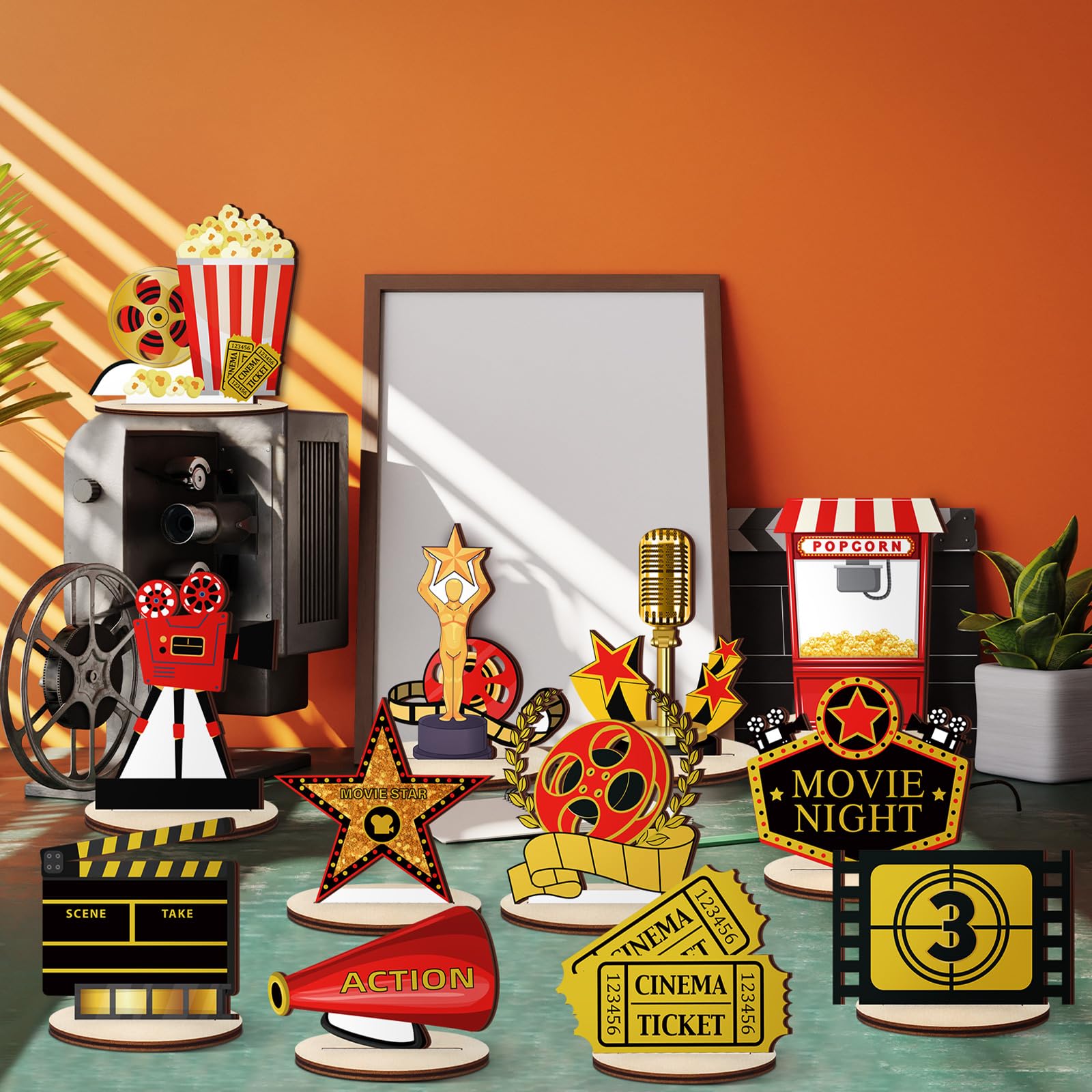 12 Pcs Movie Night Table Decoration Movie Night Theme Centerpiece Party Decoration Wooded Table Sign Standing Centerpieces for Birthday Party Tabletop