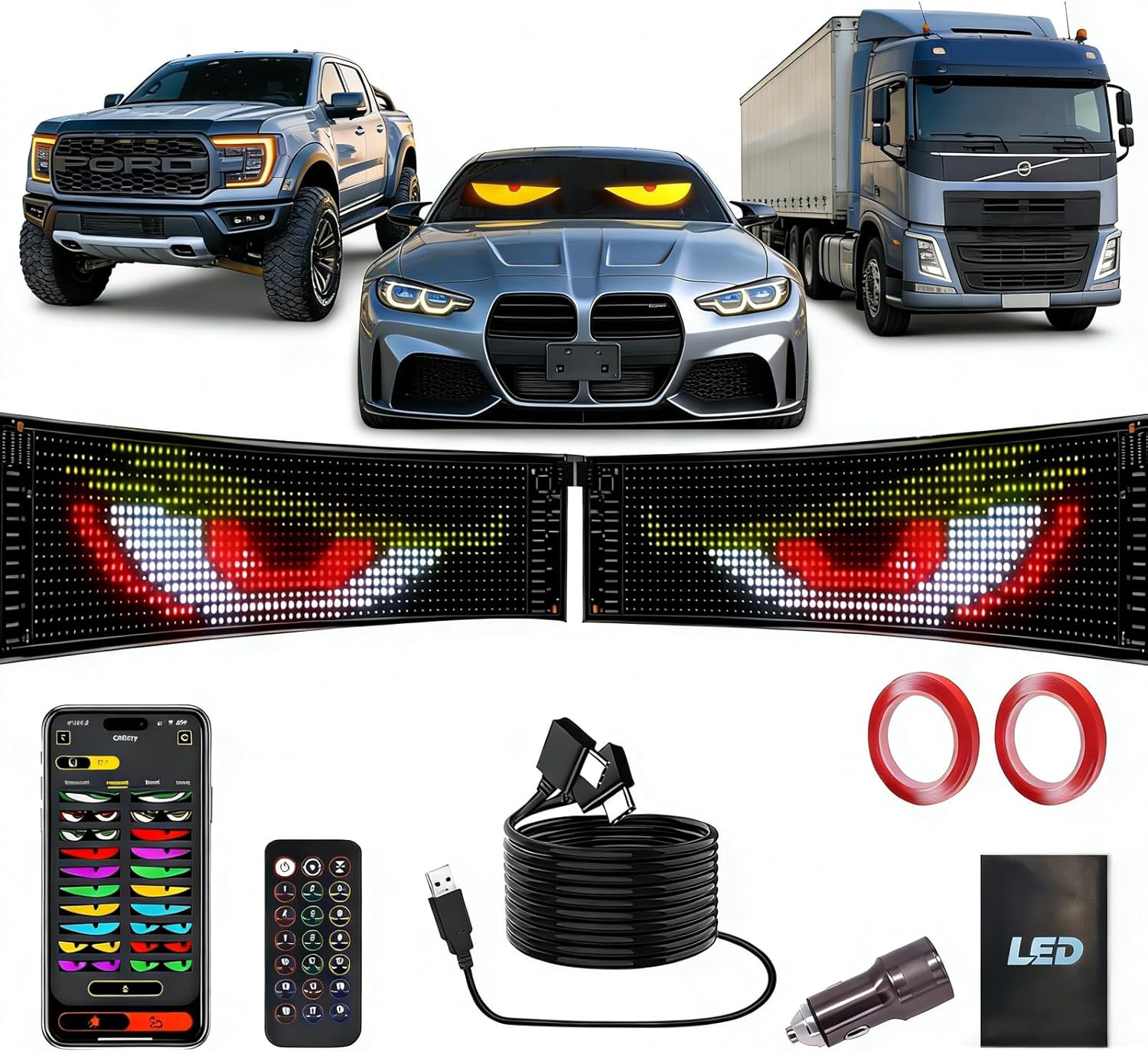 Devil's Eye LED Light 2 Pack, 23.42×4.72" Windshield Programmable LED Matrix Panel, Customizable Display with Remote and Bluetooth App Control for Cars Trucks SUVs