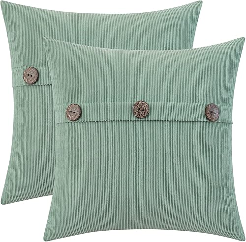 HWY 50 Juego de 2 fundas de almohada de felpilla verde salvia de 16 x 16 pulgadas con tres botones, decoración de primavera suave para sofá, cama y