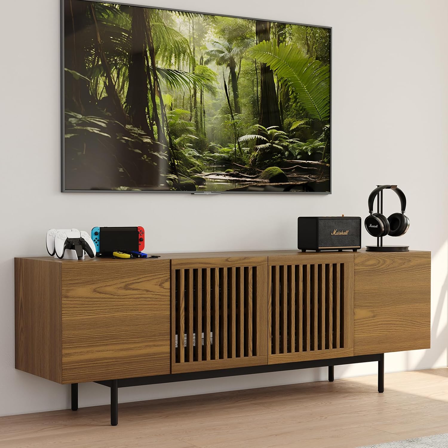 POVISON 62.99-inch Mid-Century Modern TV Stand in a living room setting with a TV mounted above it.