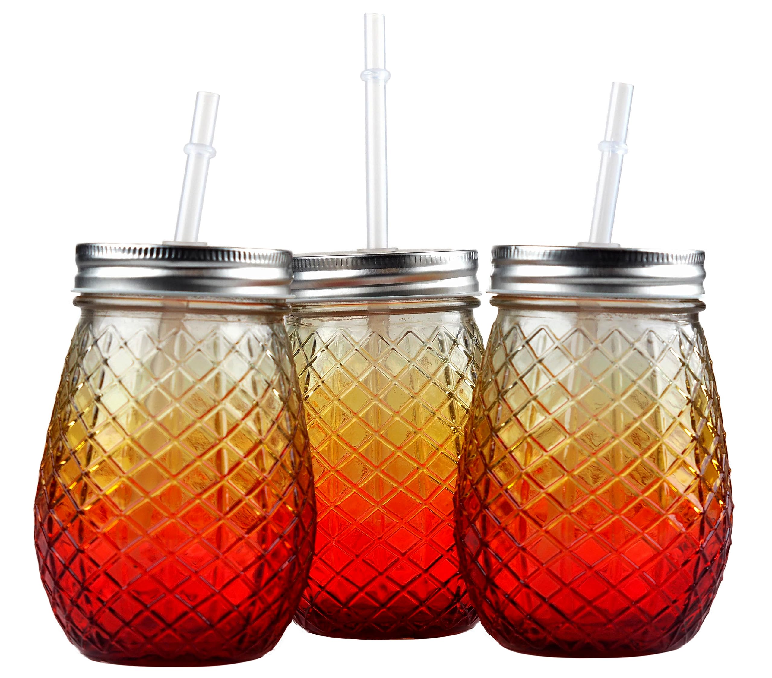 BWG Set Of 3 Glass Pineapple Drinking Mason Jars With Lid & Reusable Straw