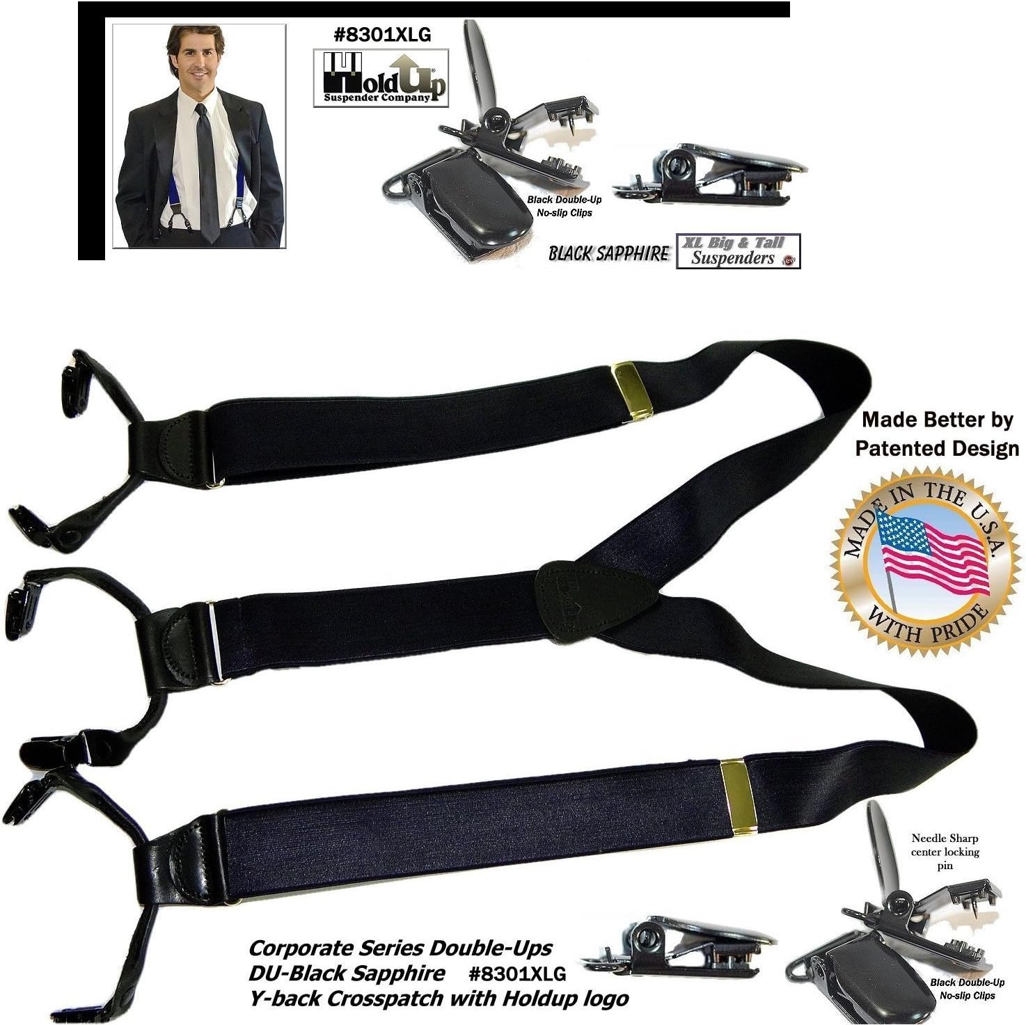 Hold-Up Suspender Double-Up Style 1 1/2" Wide Satin Finish Dress Suspenders for Men with the USA patented No-Slip clips