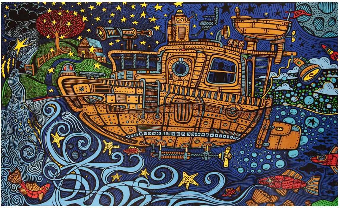 Sunshine Joy 3D Steampunk Tugboat Tapestry Wall Hanging Trippy Table Cloth Magical Dorm Decor - Huge 60x90 Inches