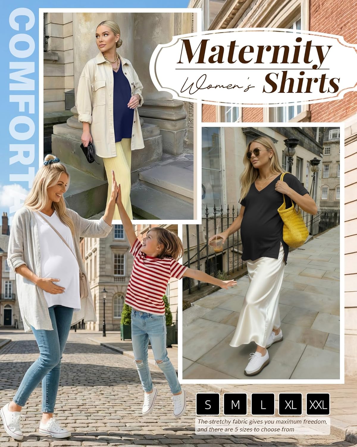 Ficerd 3 Pack Women's Maternity Shirts Short Sleeve Pregnancy T-Shirts V Neck Split Side Tops Casual Soft Maternity Clothes - Image 5