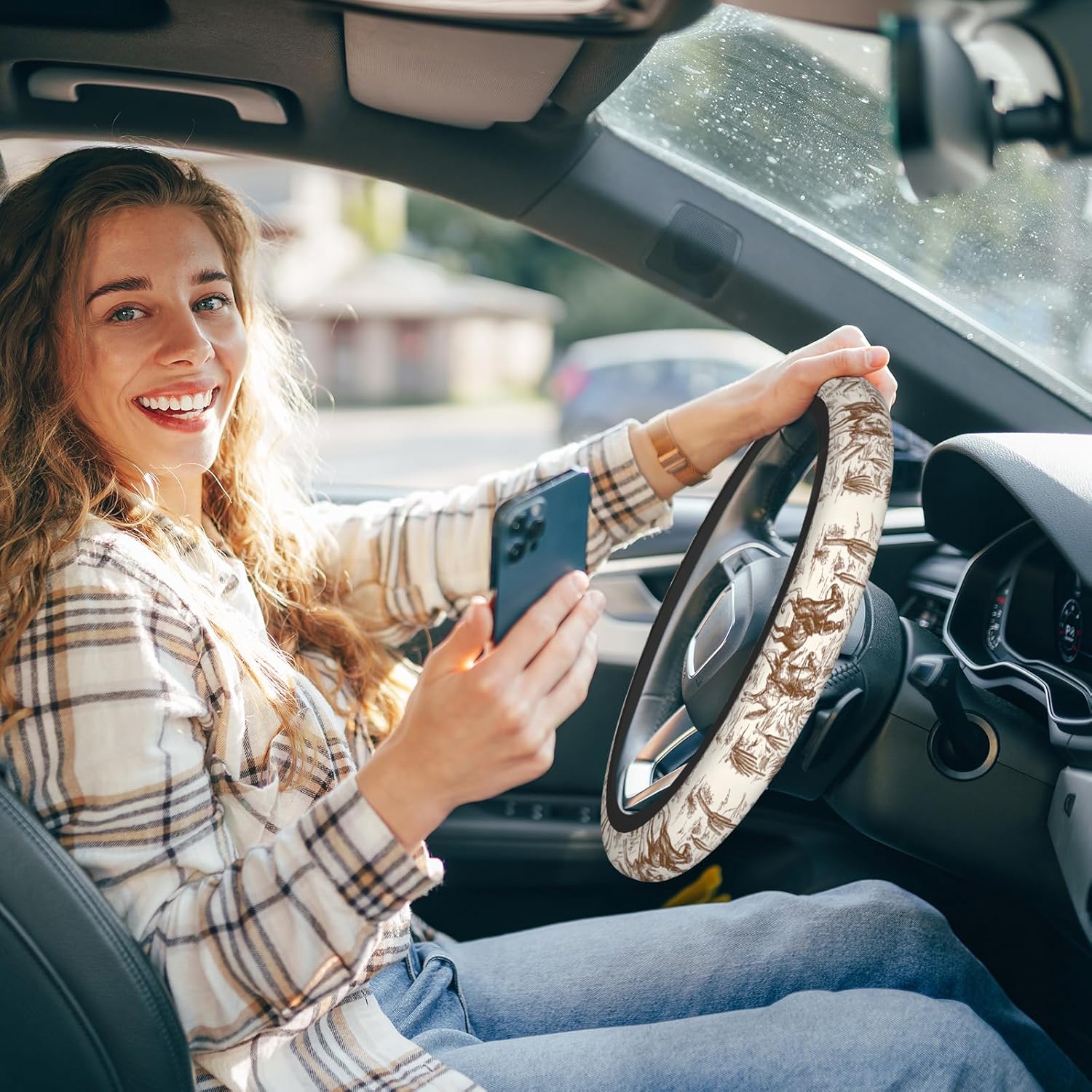 Cowboy Steering Wheel Cover Women Men Western Cowboy Horse Cactus Flower Beige Brown Car Accessories Steering Wheel Cover Universal 15 Inch Car Wheel Cover Steering Wheels Cover - Image 2