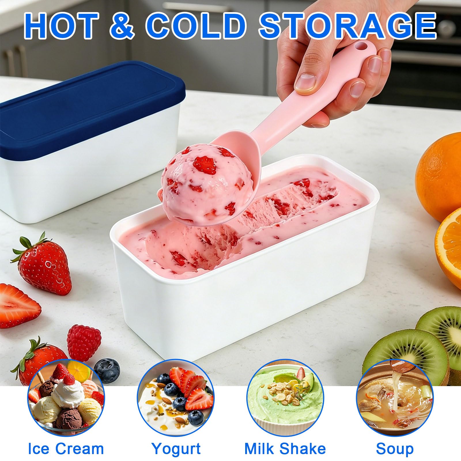 Contenitori per congelatore da 1 litro per gelato, set da 2 pezzi, contenitore per ghiaccio fatto in casa, contenitore per congelatore con coperchio, impilabile, contenitore per gelato, gelato, gelato