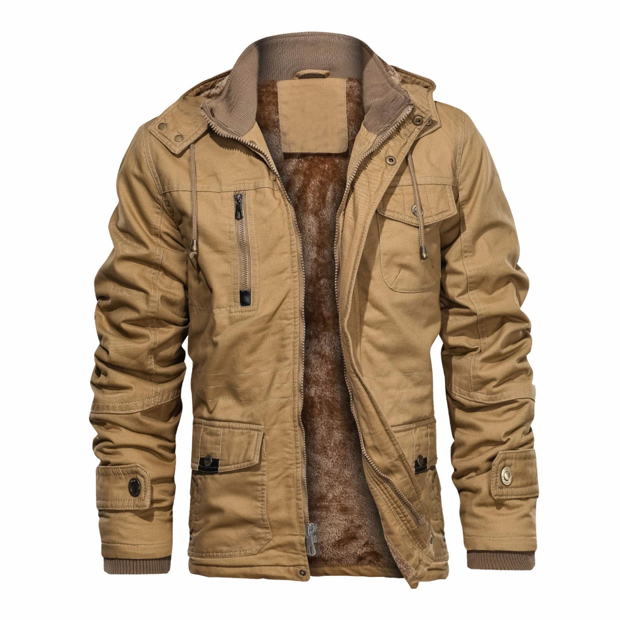 Men's Thick Winter Jackets with Hood Fleece Lining Cotton Military Jackets Work Coats with Cargo Pockets Outwear