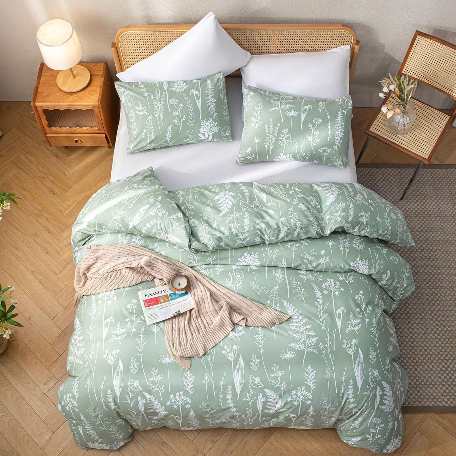 Tabeskly Girls Floral Flower Bedding king size Double Duvet Cover Sets Bed Zipper Sage Green Multicolor 220×240cm