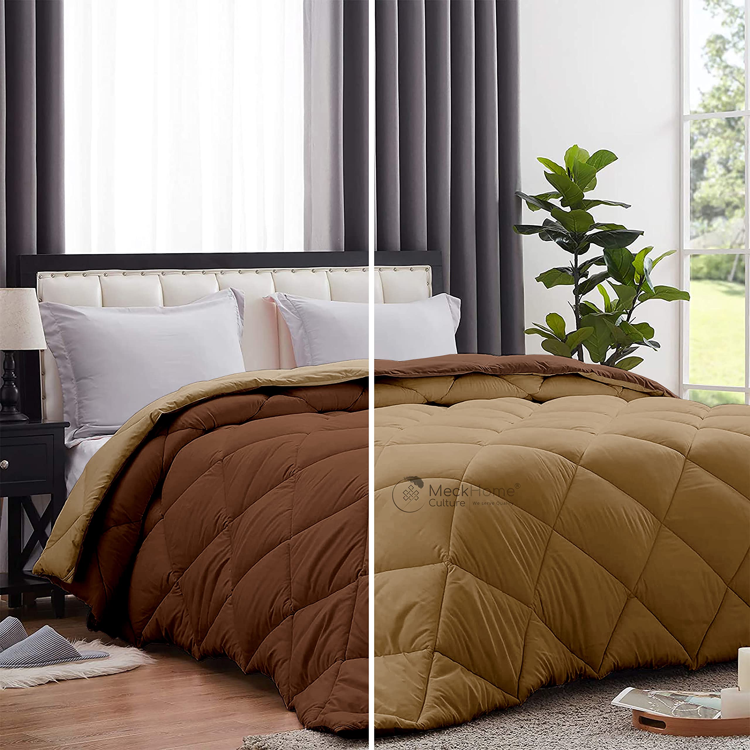 Luxurious Diamond Stitch Reversible 400 GSM Microfiber Fill Heavy Winter Comforter Double Bed Blanket (90" x 100" Inches/228cm x 254cm) - Double Bed Comforter|Beige/Chocolate Brown-image-2