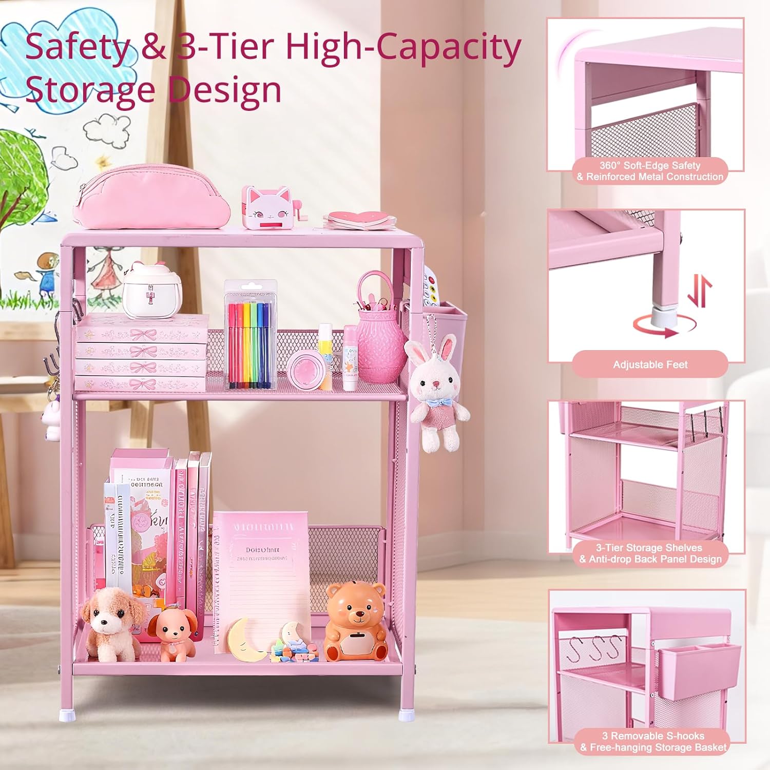 Kids Nightstand 19in High for Floor Beds, 3-Tier Metal Small Bedside Table with Adjustable Storage Shelf, Basket & 3 S-Hooks, Low Nightstand for Nursery, Toddler Bedroom (Pink)