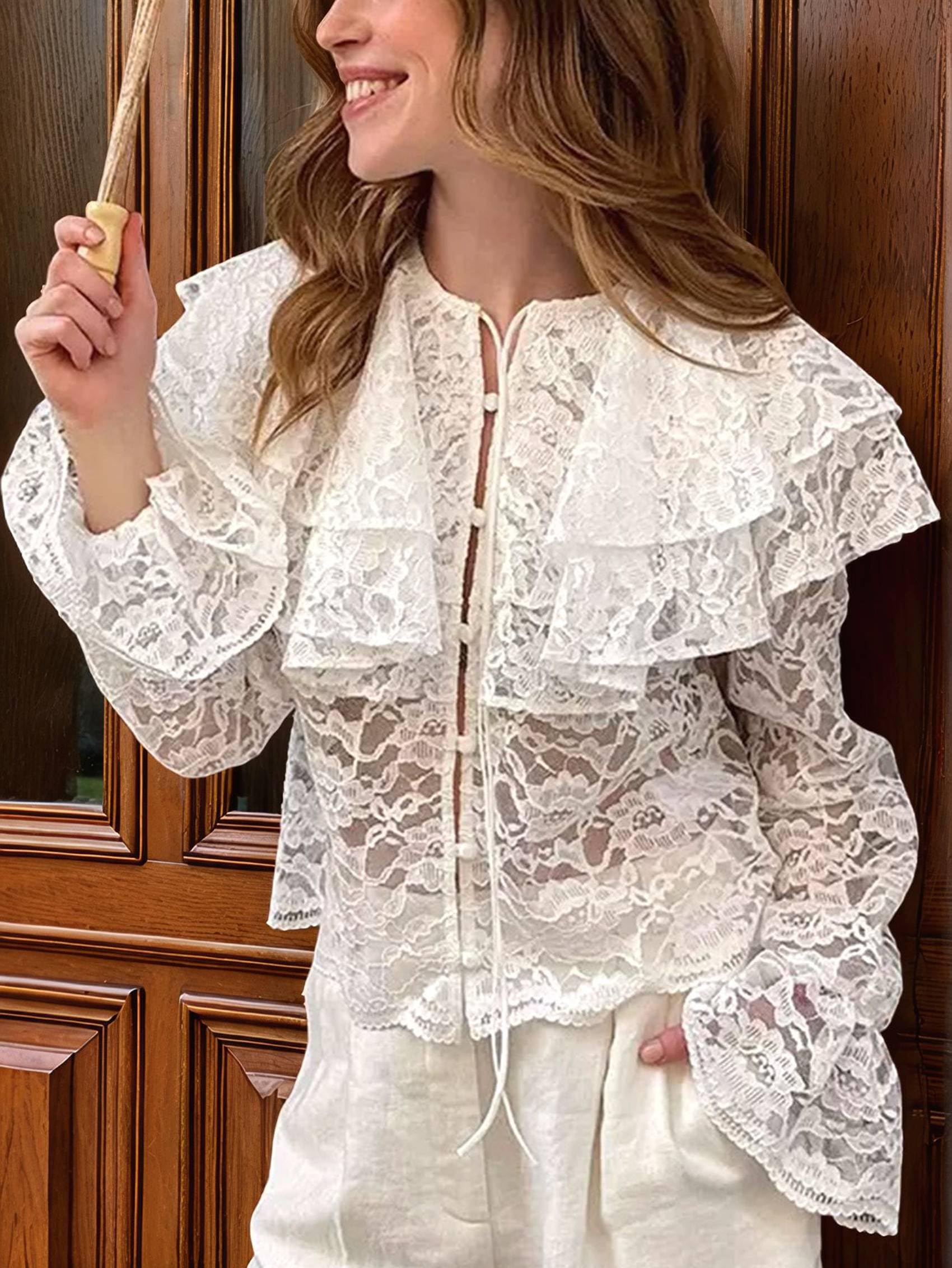 Top de Encaje con Lazo Frontal para Mujer, con Volantes, Larga, Holgado, para Salir