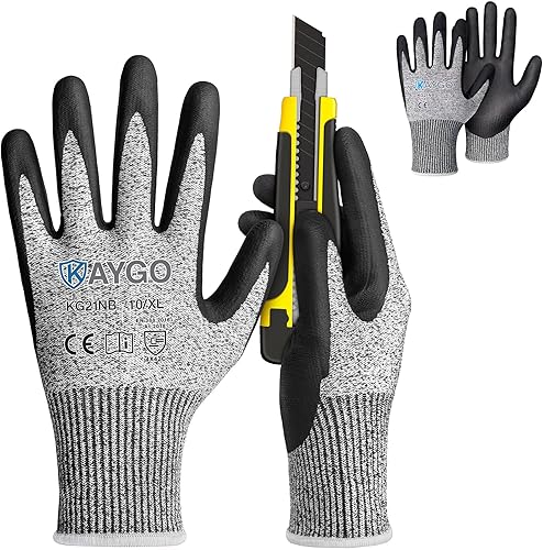 KAYGO 2 pares de guantes resistentes a cortes para hombres y mujeres, guantes de seguridad de microespuma de nitrilo de nivel de corte ANSI A3