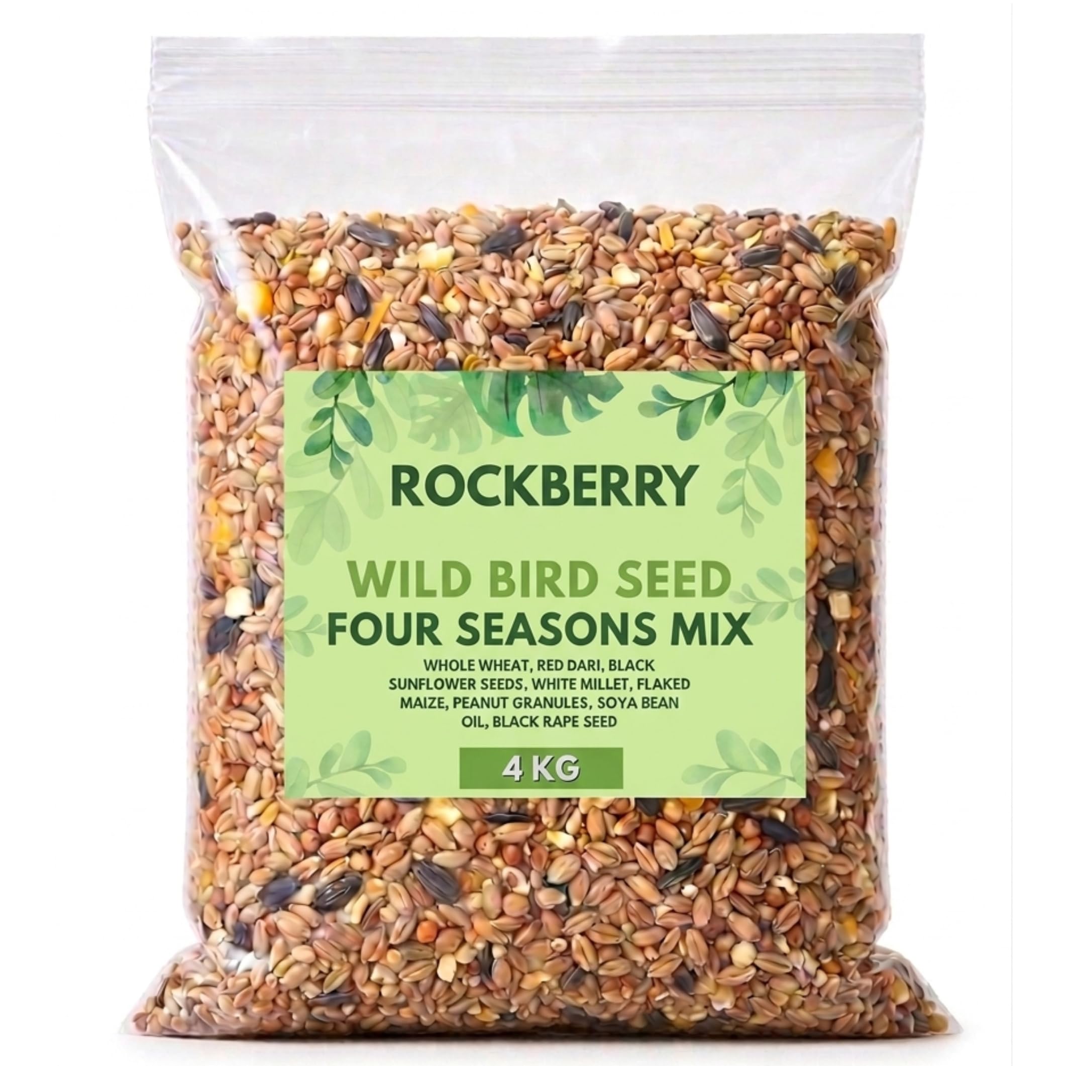 RockBerry Bird Food Four Seasons Mix for Wild Birds, Wheat, Cut Maize, Red Dari and Black Sunflower Seeds, Blended in the UK (5.6 Litres)