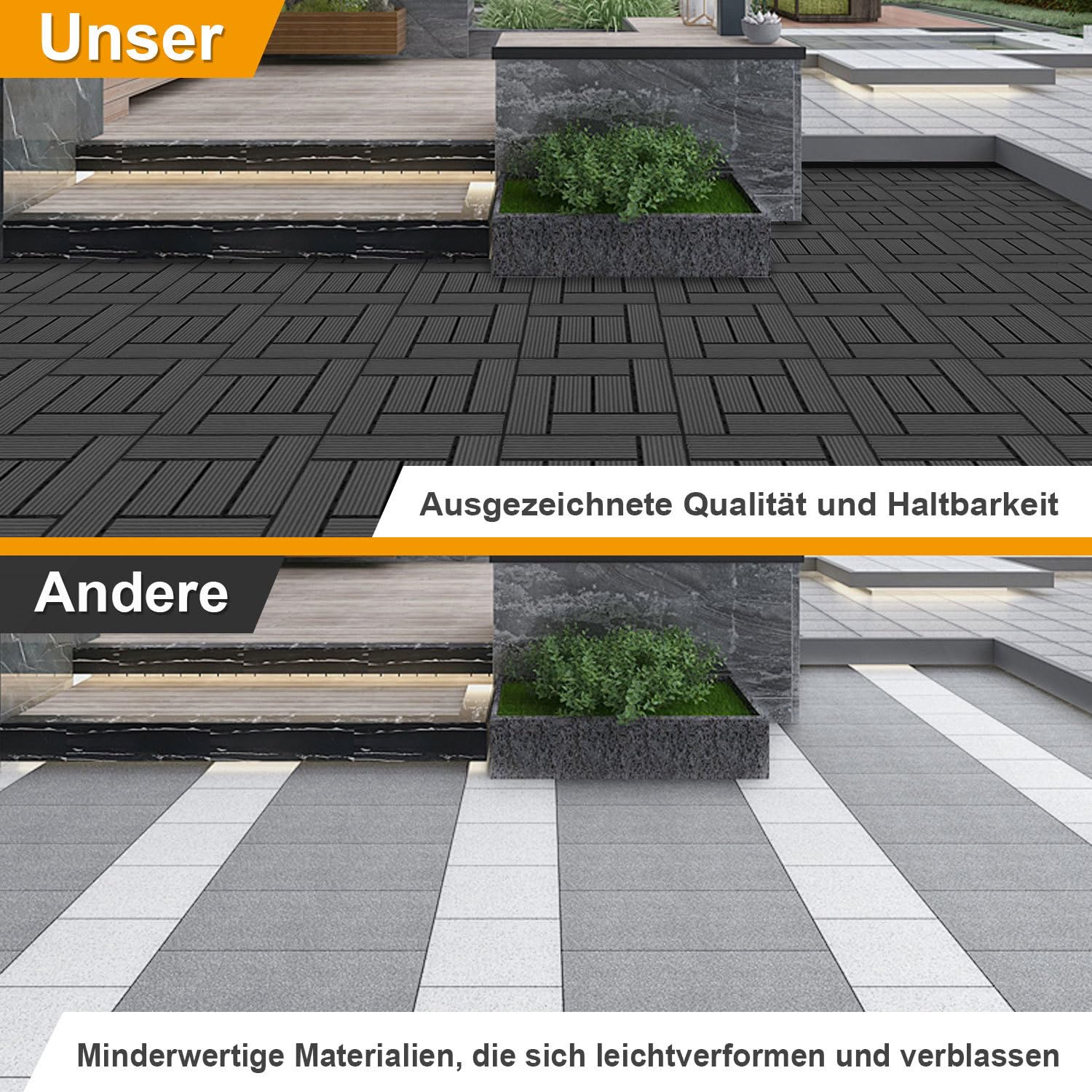 Piastrelle in WPC per terrazze, 30 x 30 cm, colore grigio, 55 pezzi = 5 m², piastrelle da giardino con sistema a incastro per terrazze, piastrelle a scatto