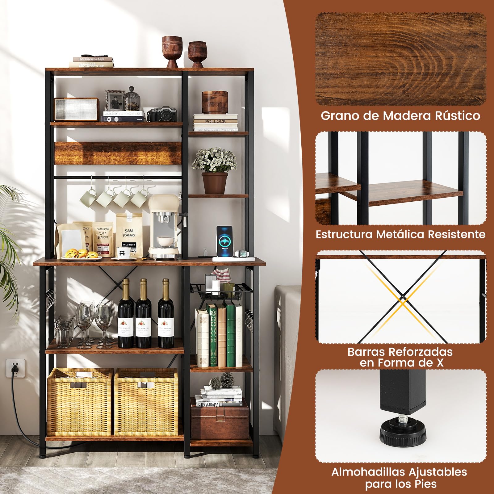 COSTWAY Estantería de Cocina, Armario de Cocina, Mueble para Microondas de 6 Niveles con Estantes Abiertos de Madera, Ganchos y Cesta, Marco Metálico, Organizador Almacenaje Cocina para Aparatos