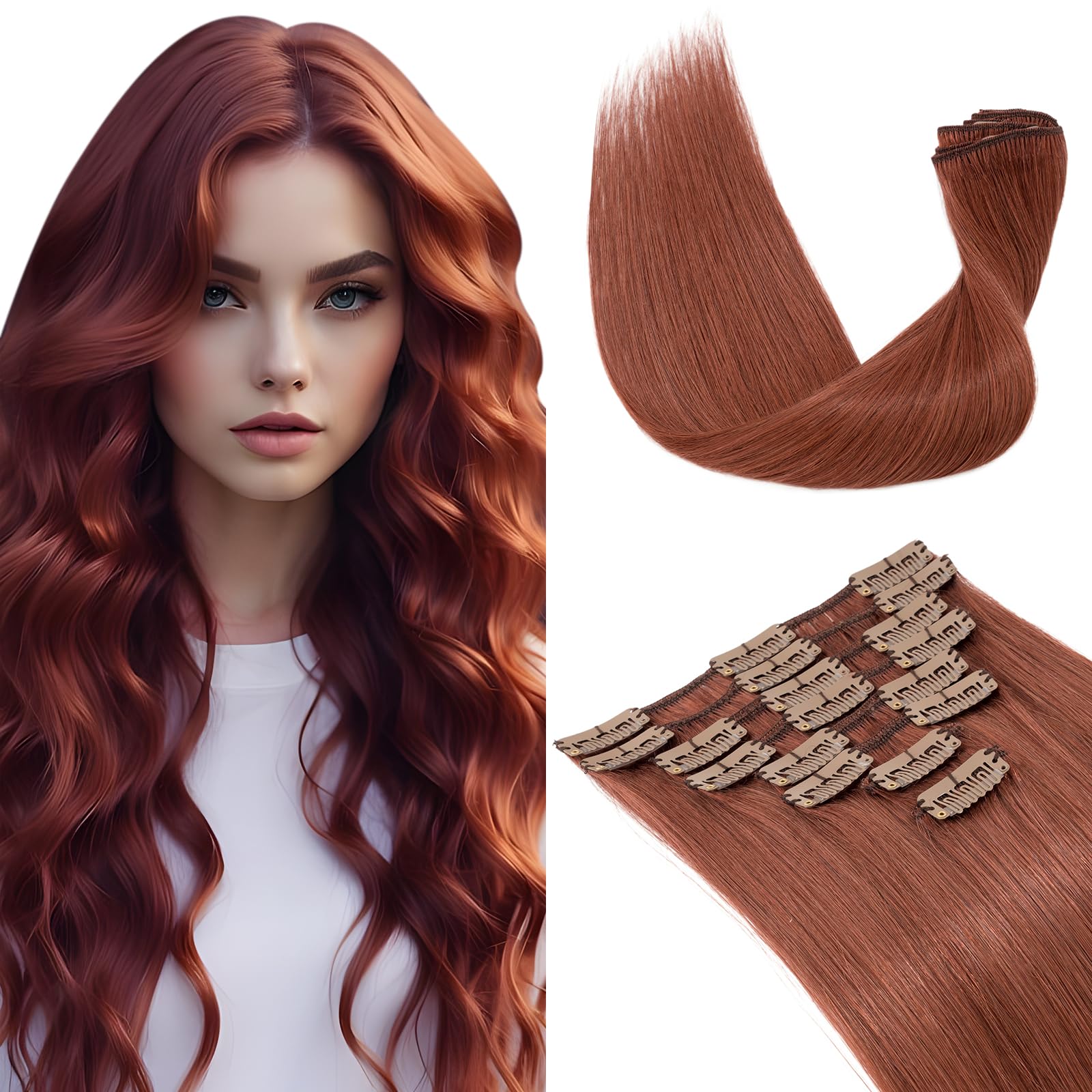 SLEEKALON Real Hair Extensions Clip in Human Hair Remy #33 Dark Auburn - 18 Inch 70 Gram 8 Pcs Invisible Full Head Weft Straight