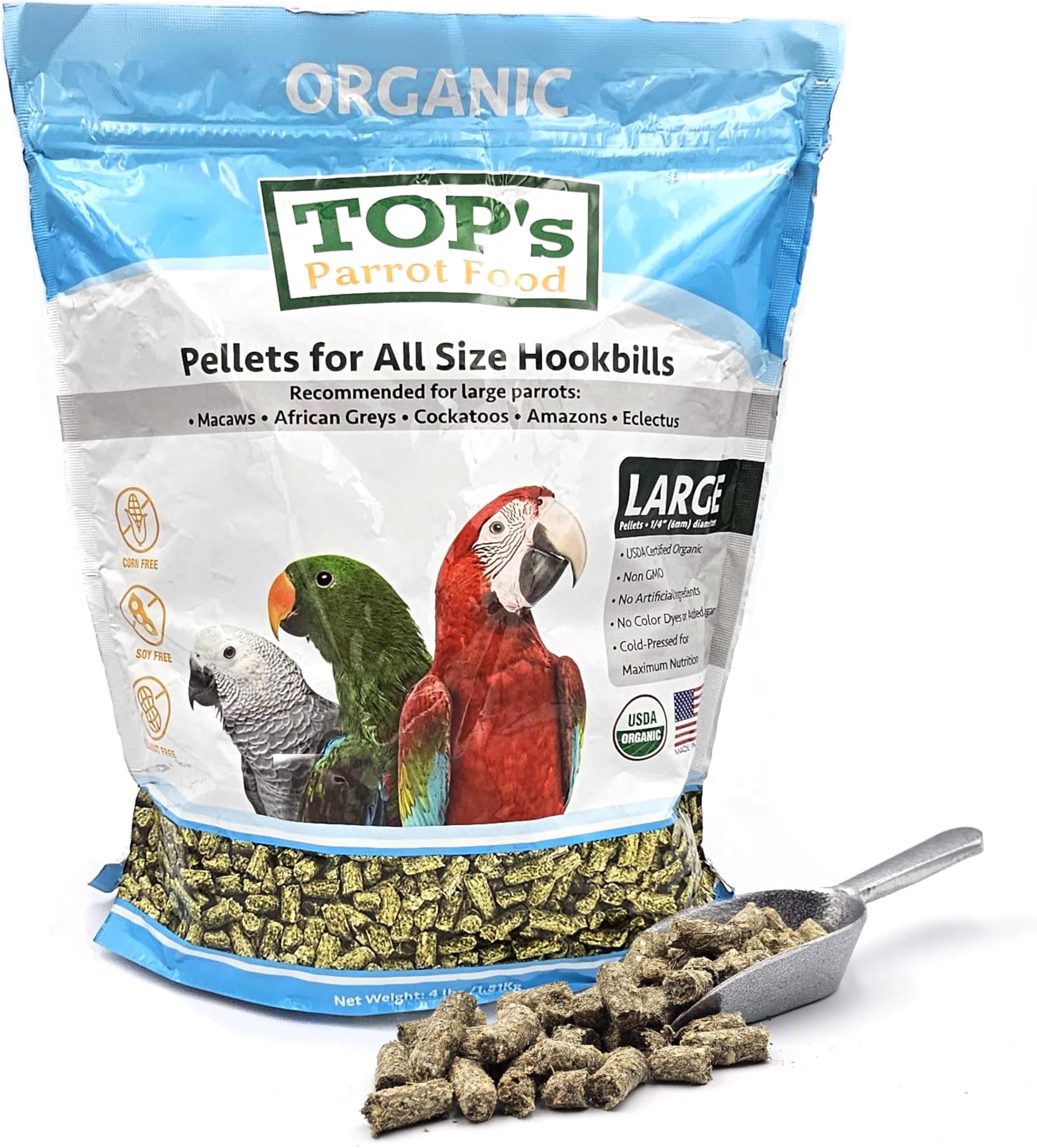- Pellets Hookbills, Small, Medium and Large Parrots - Non-GMO, Peanut Soy & Corn Free, USDA Organic Certified - 4 lb / 1.81 kg