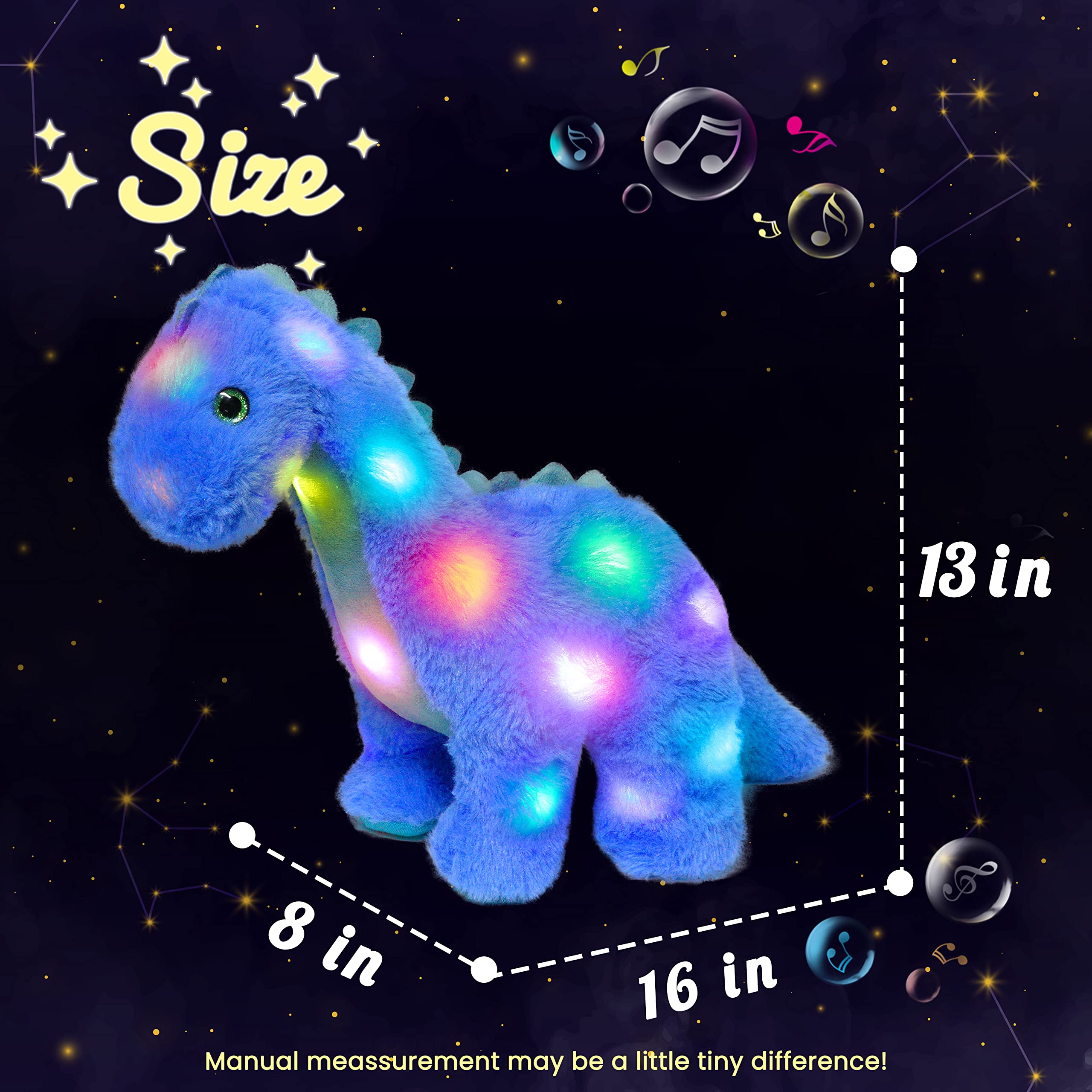 Hopearl Luce di dinosauro farcito musicale a LED sul canto Diplodocus morbido peluche con collo lungo volume regolabile regali animati per bambini piccoli, blu, 40,6 cm