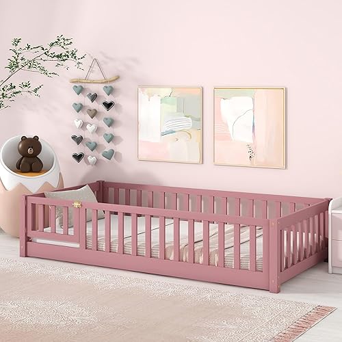 Base de cama de tamaño individual para niños, camas de suelo Montessori de madera con barandillas de valla y listones de apoyo para niños, cama