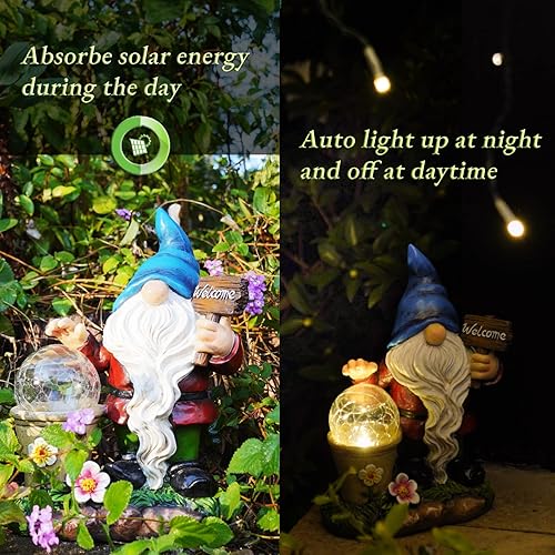 Miniatura 4 de DiliComing Estatuas solares de gnomos de jardín para exteriores, bonita estatua de gnomo con bienvenida para patio, porche, césped, figura de gnomo