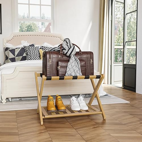 Semiocthome Paquete de 2 portaequipajes totalmente montado, soporte plegable para maleta con estante de almacenamiento, estante de madera para