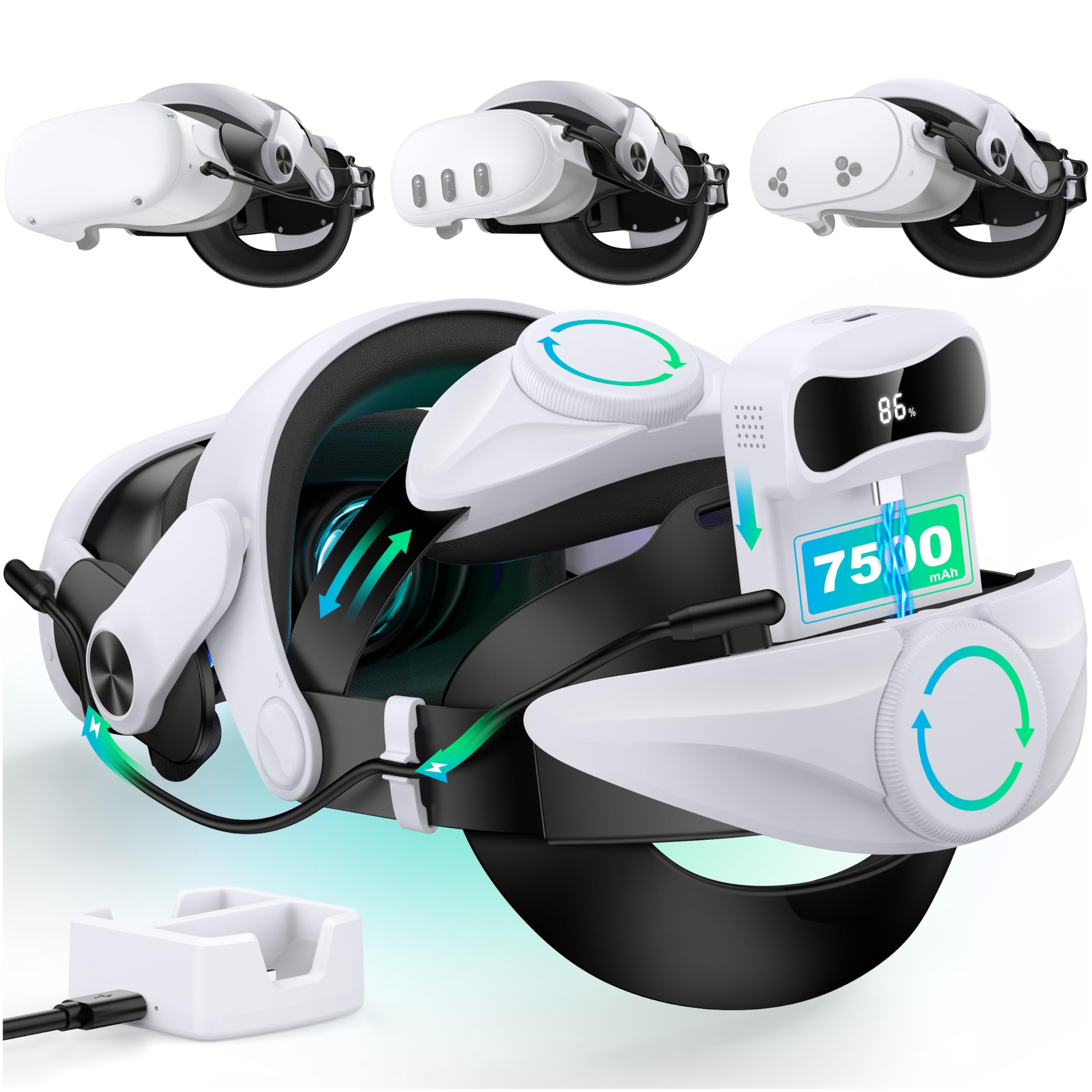 Elegamefy Head Strap mit Akku und Ladestation für Meta Quest 3/3S/2 mit Doppelten Einstellrädern, Verlängerte Zeit 3-4 Stunden, Komfort, Ausbalanciert VR Headstrap